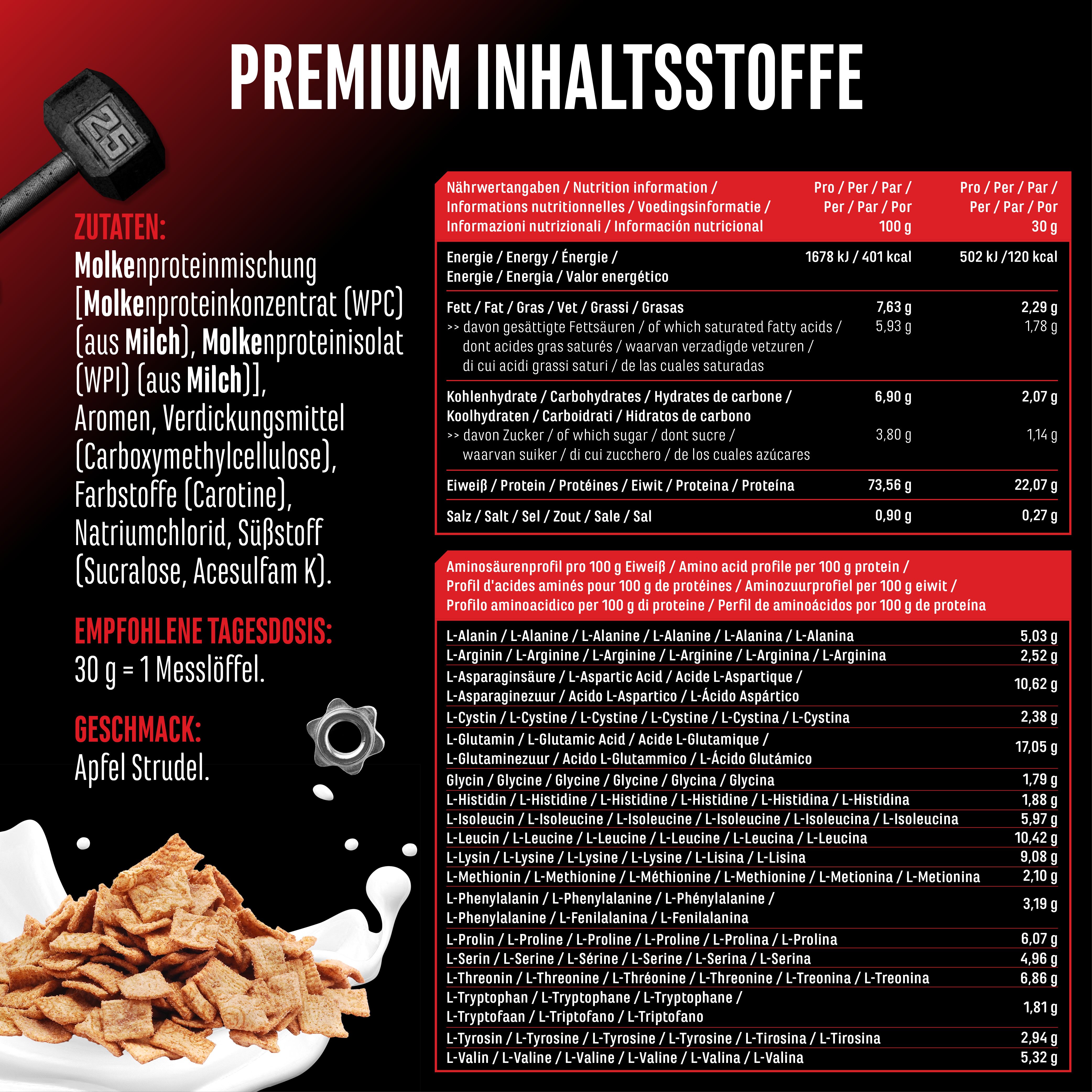 Nährwerttabelle und Zutatenliste für Whey Protein. Enthält Informationen zu Energie, Fett, Kohlenhydraten, Eiweiß, Salz. Empfohlene Tagesdosis: 30g.