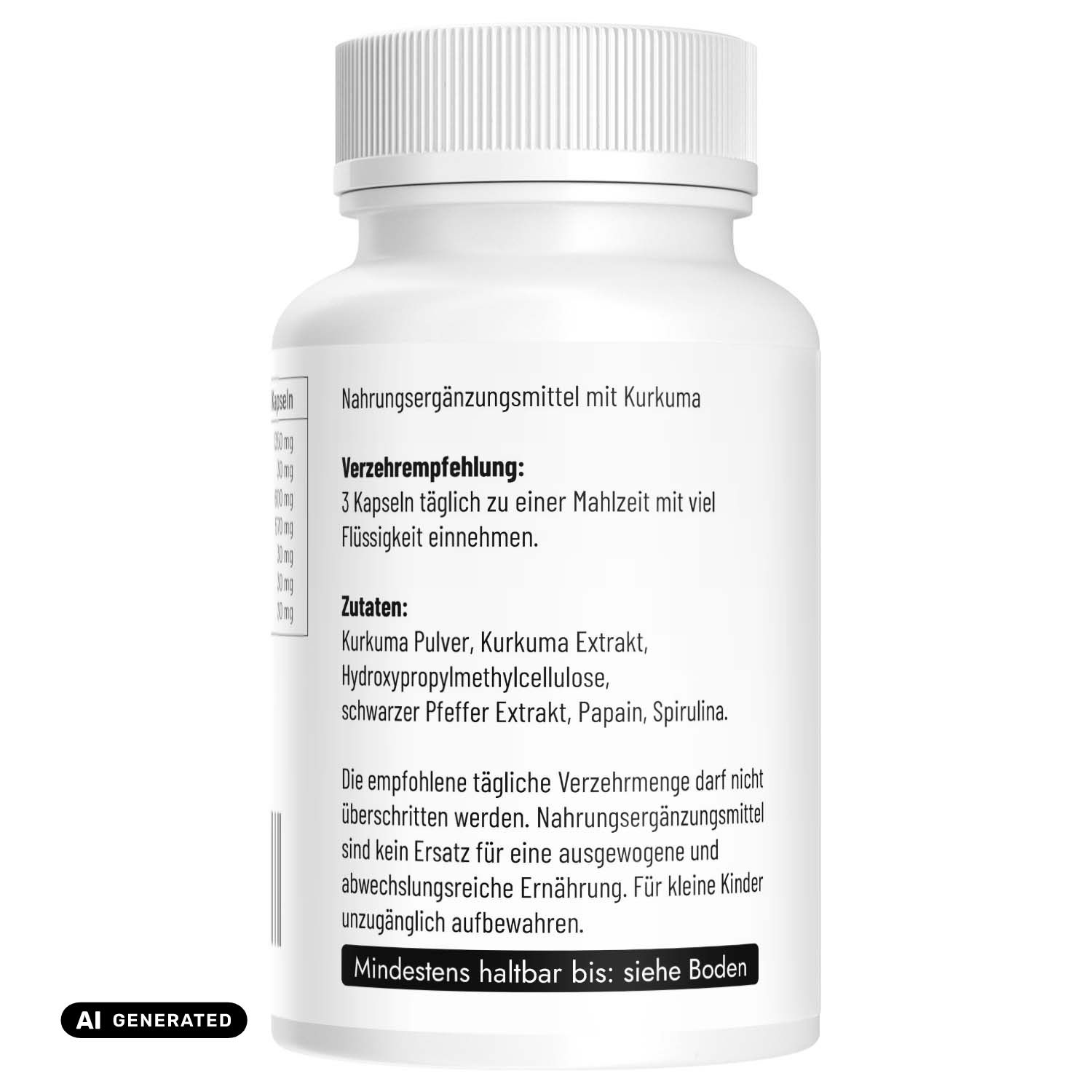 Flasche mit Kurkuma-Nahrungsergänzungsmitteln, umgeben von Kurkumawurzeln und Pulver.