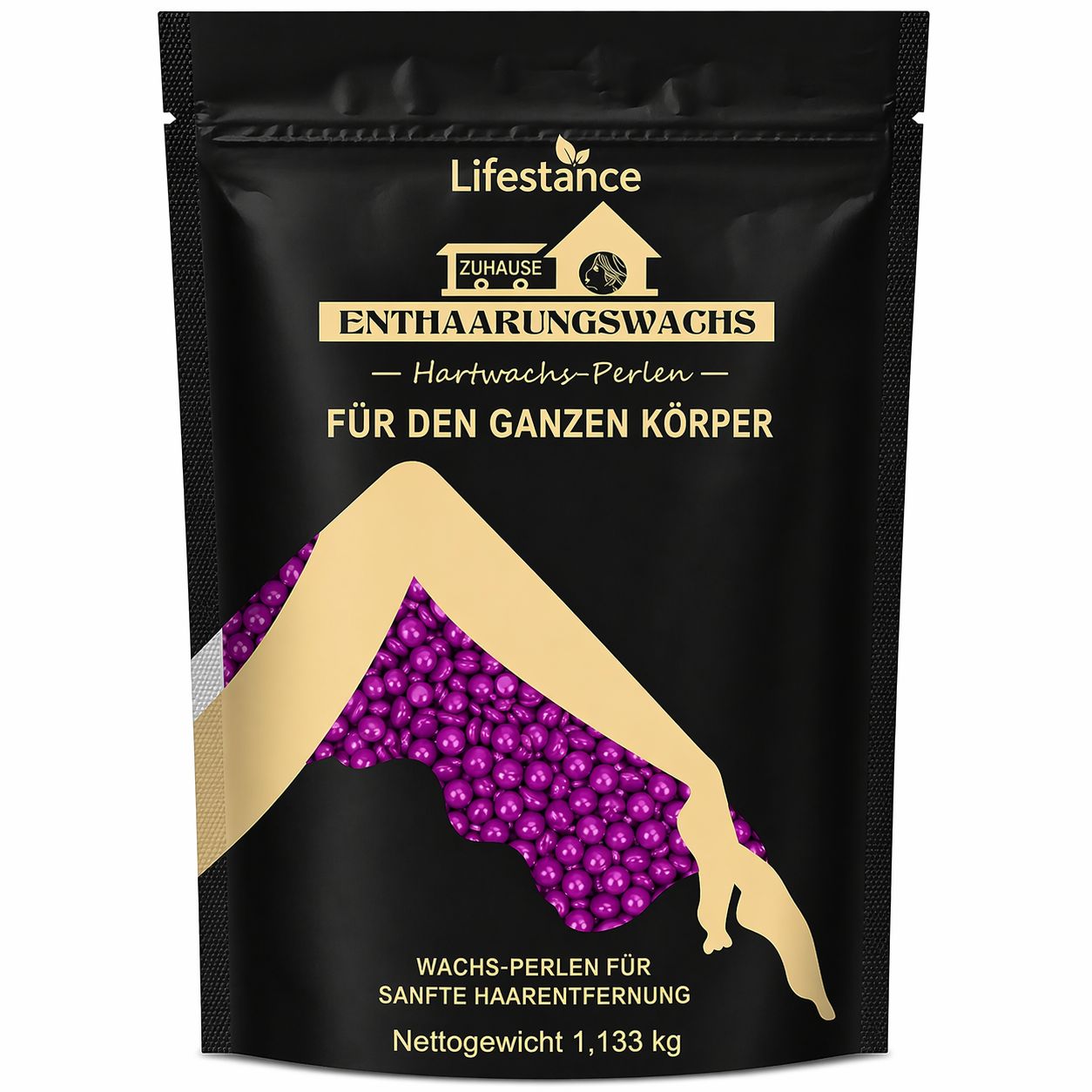Schwarze Verpackung mit violetten Wachsperlen. Text: Lifestance, Enthaarungswachs, für den ganzen Körper. 1,133 kg.