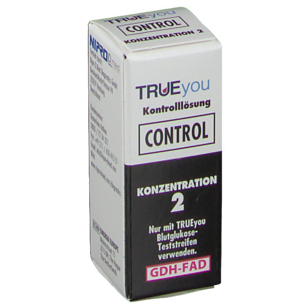 Kartonverpackung mit Produktinformationen. Aufschrift: TRUEYOU CONTROL Konzentration 2. Produktname und weitere Informationen.