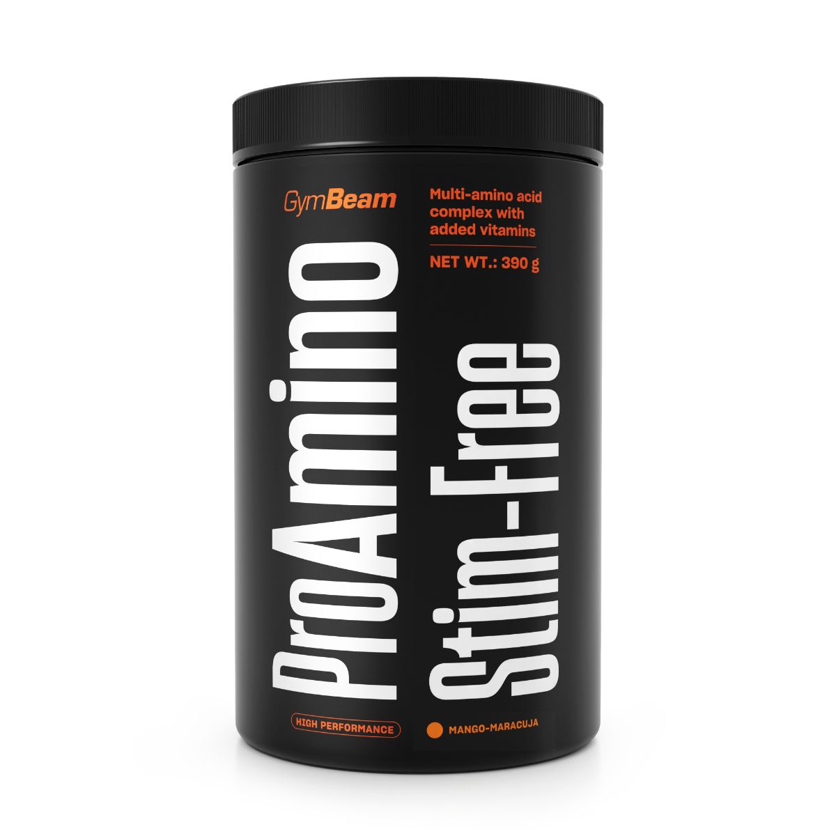 Schwarzer Behälter mit GymBeam ProAMINO Stim-Free Aminosäuren Pulver, 300g.