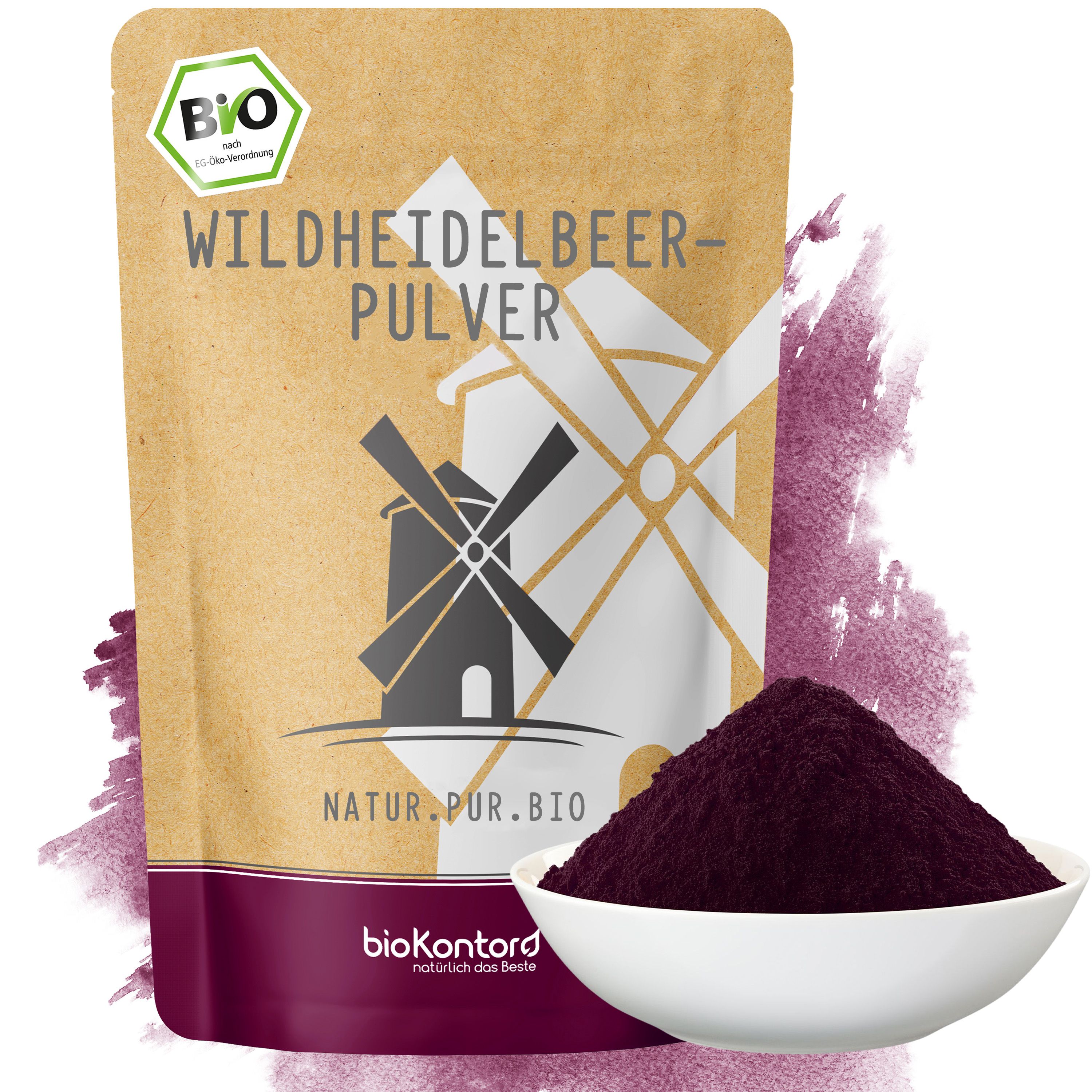 BioKontor Wildheidelbeer Pulver in Schale neben Papiertüte, Natur.Pur.Bio Siegel.