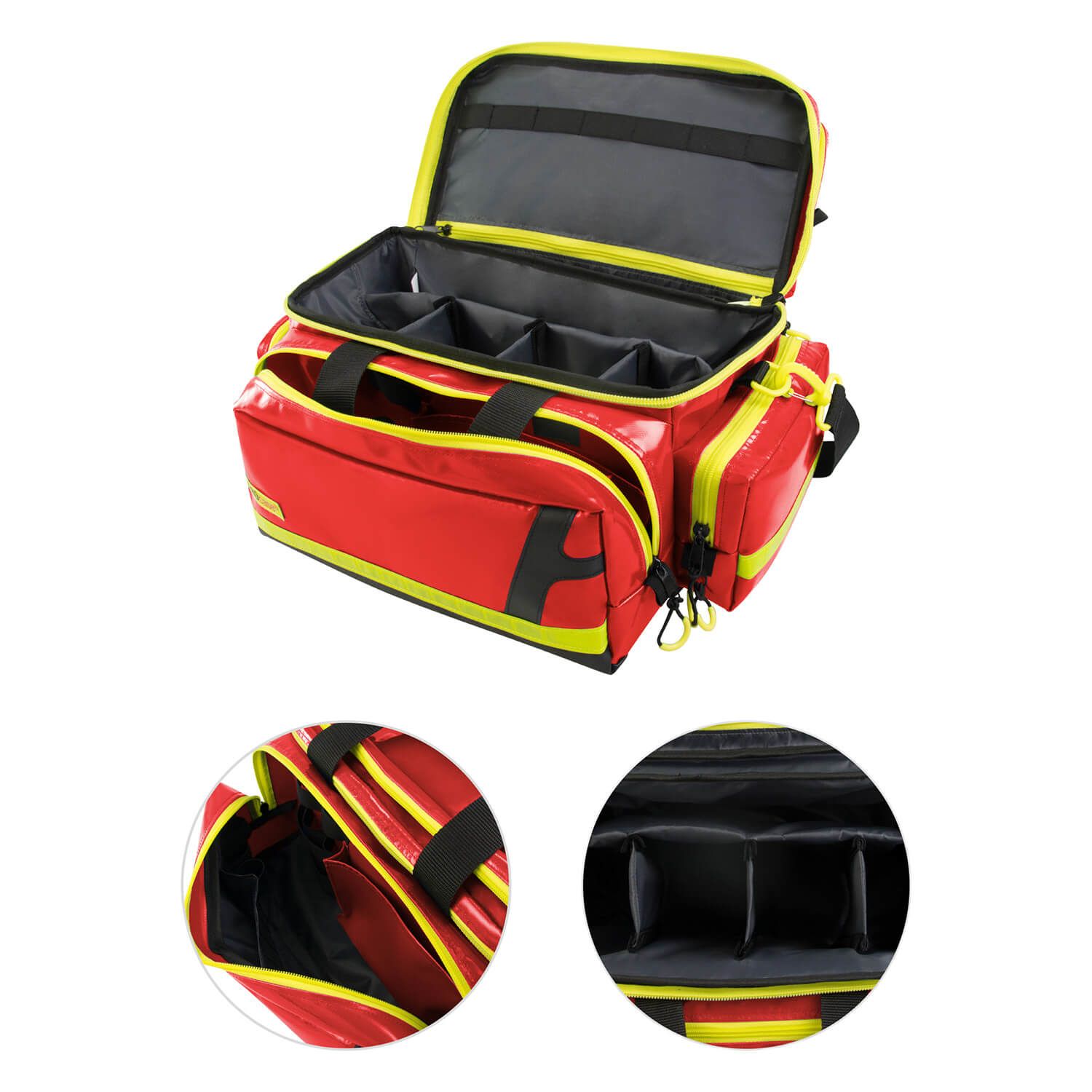 Notfalltasche, signalrot, mit gelben Akzenten. Offen, mit Fächern. Schwarze Griffe und Details. Zusätzliche Nahaufnahmen von Fächern.