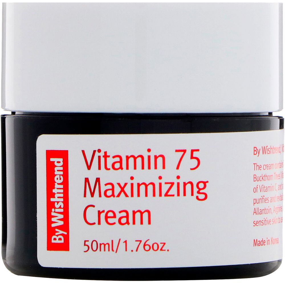 Schwarzes Glas mit weißem Deckel. Aufkleber mit roter Schrift: Vitamin 75 Maximizing Cream. 50ml/1.76oz. Marke: By Wishtrend.