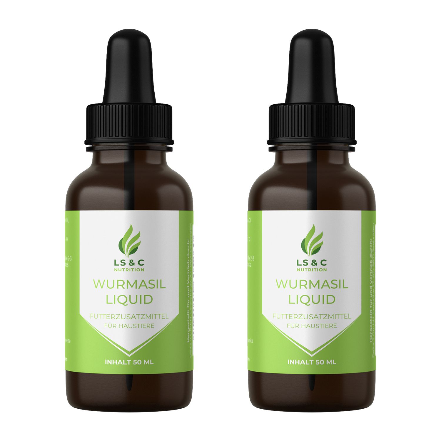 Zwei braune Flaschen mit schwarzen Pipetten. Auf den Etiketten steht "Wurmasil Liquid" und "LS & C Nutrition".