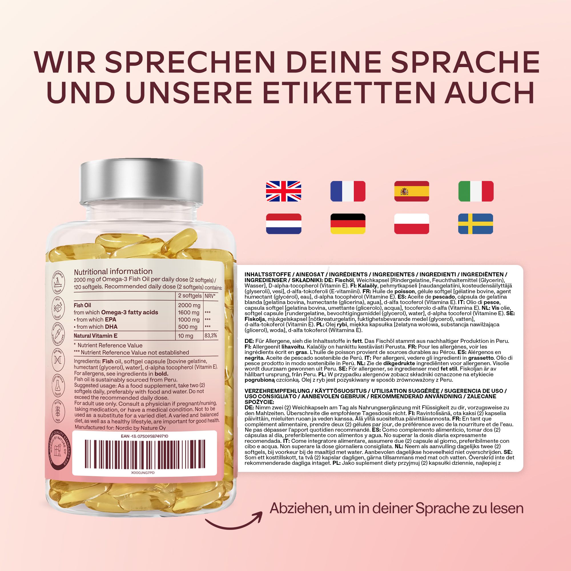 Omega-3-Flasche mit Etiketten in verschiedenen Sprachen. Inhaltsstoffe und Nährwerte.