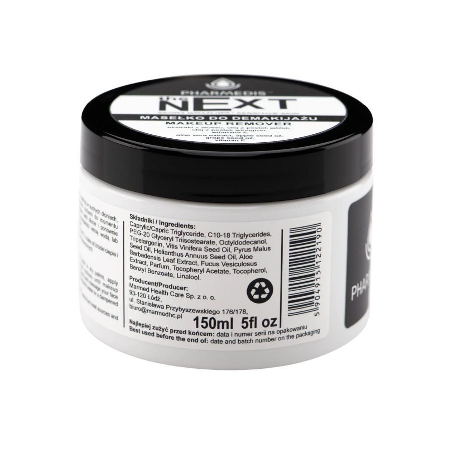 Weißer Tiegel mit schwarzem Deckel. Rückseite mit Inhaltsstoffen und Recycling-Symbolen. 150ml/5fl oz.