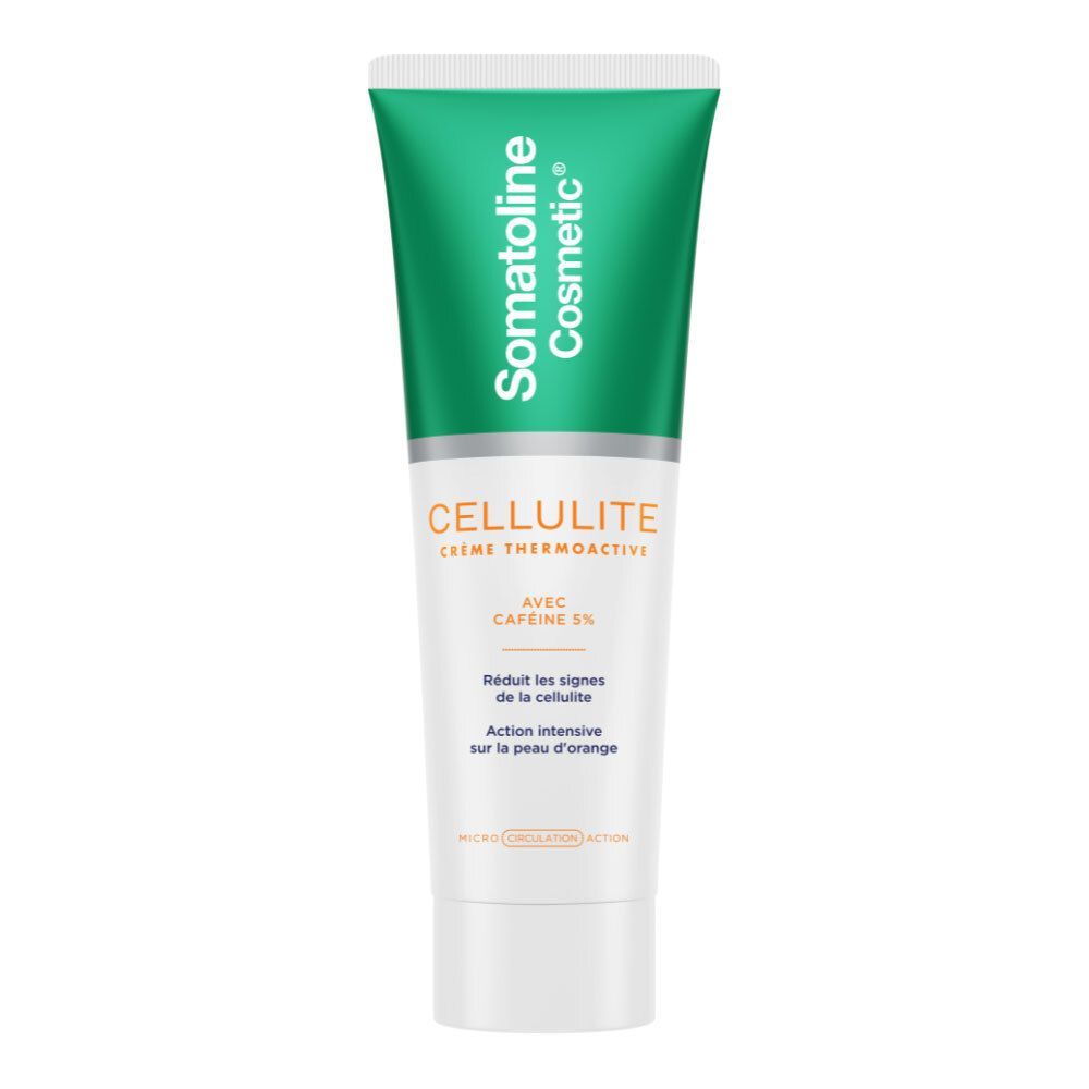 Grüne Tube mit weißem Deckel. Aufschrift Somatoline Cosmetic und CELLULITE. Enthält Koffein 5%.