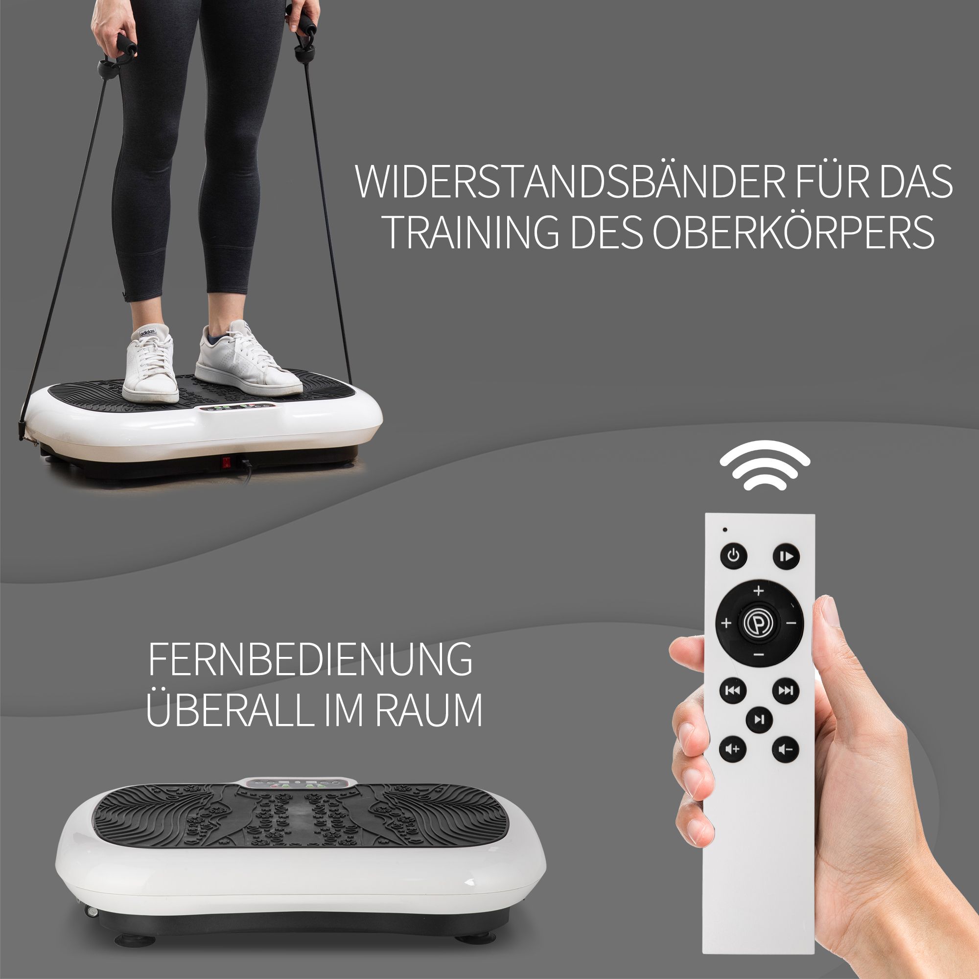 Vibrationsplatte mit Fernbedienung und Widerstandsbändern. Zwei Personen trainieren.