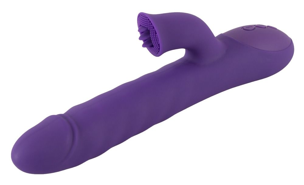 Lila Vibrator mit gebogener Form und seitlichem Element. Auf weißem Hintergrund.