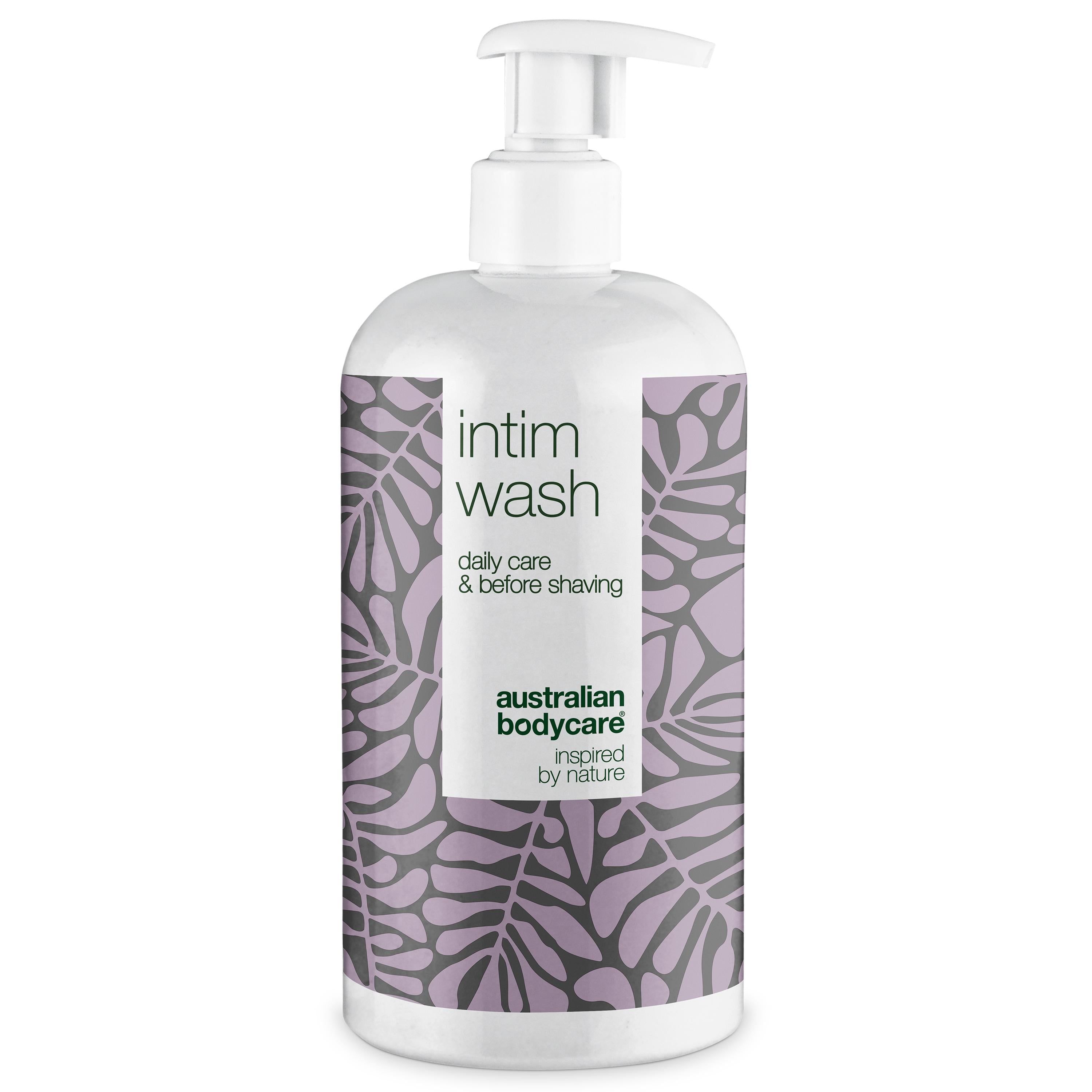 Weißer Spender mit Intimwaschmittel. Lila Blättermuster. Aufschrift: Intim Wash, daily care & before shaving, Australian Bodycare.