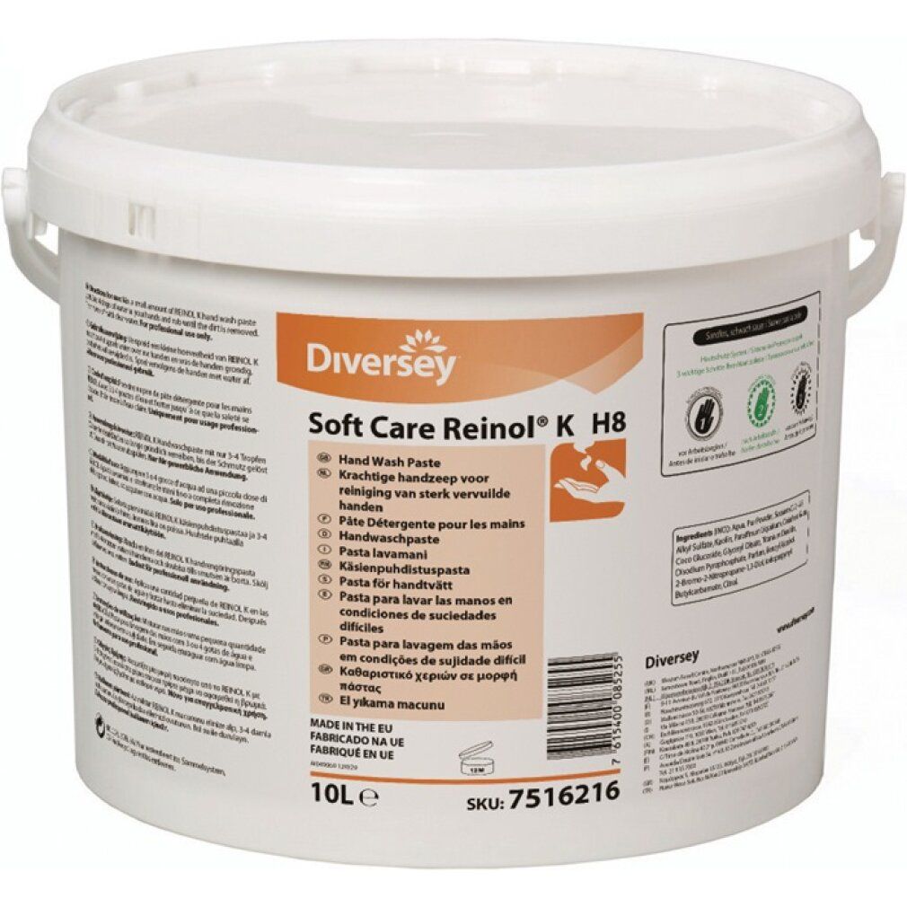 Weißer Eimer mit Deckel. Aufschrift: Diversey Soft Care Reinol K H8, Hand Wash Paste. 10L. SKU: 7516216.