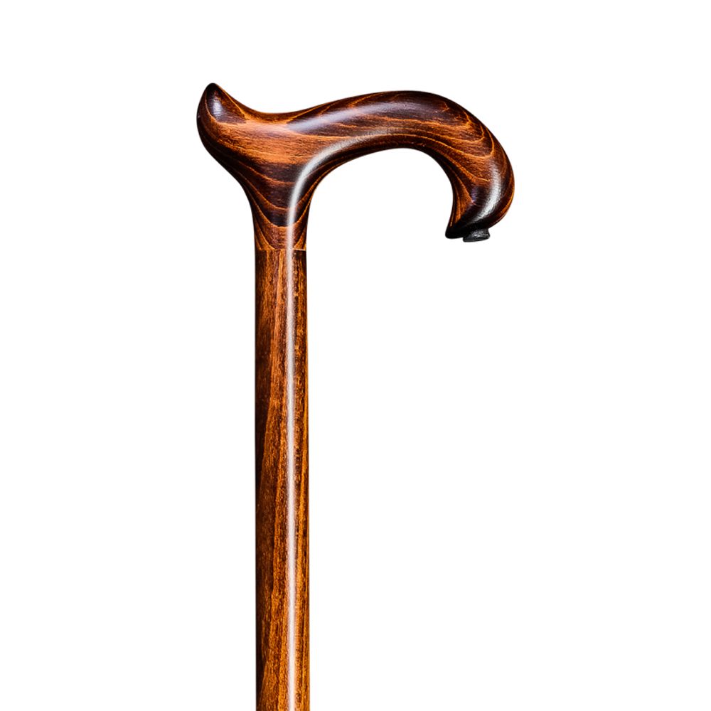 Gehstock mit Derby-Griff aus Holz. Dunkelbraune Farbe, Maserung sichtbar. Schwarze Spitze. Auf weißem Hintergrund.