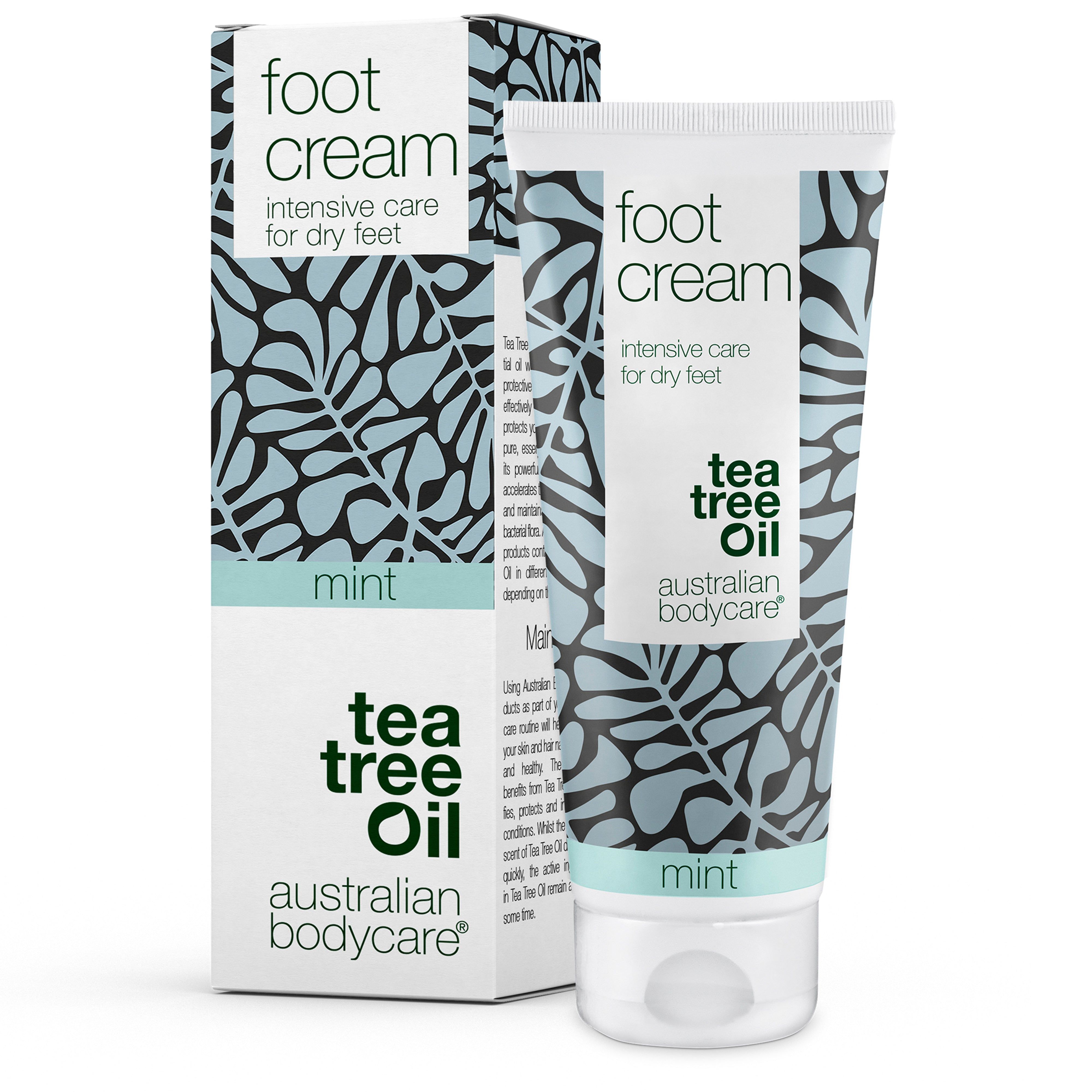 Fußcreme-Tube und Schachtel. Aufschrift: "foot cream", "tea tree oil", "mint", "australian bodycare". Muster mit Blättern.