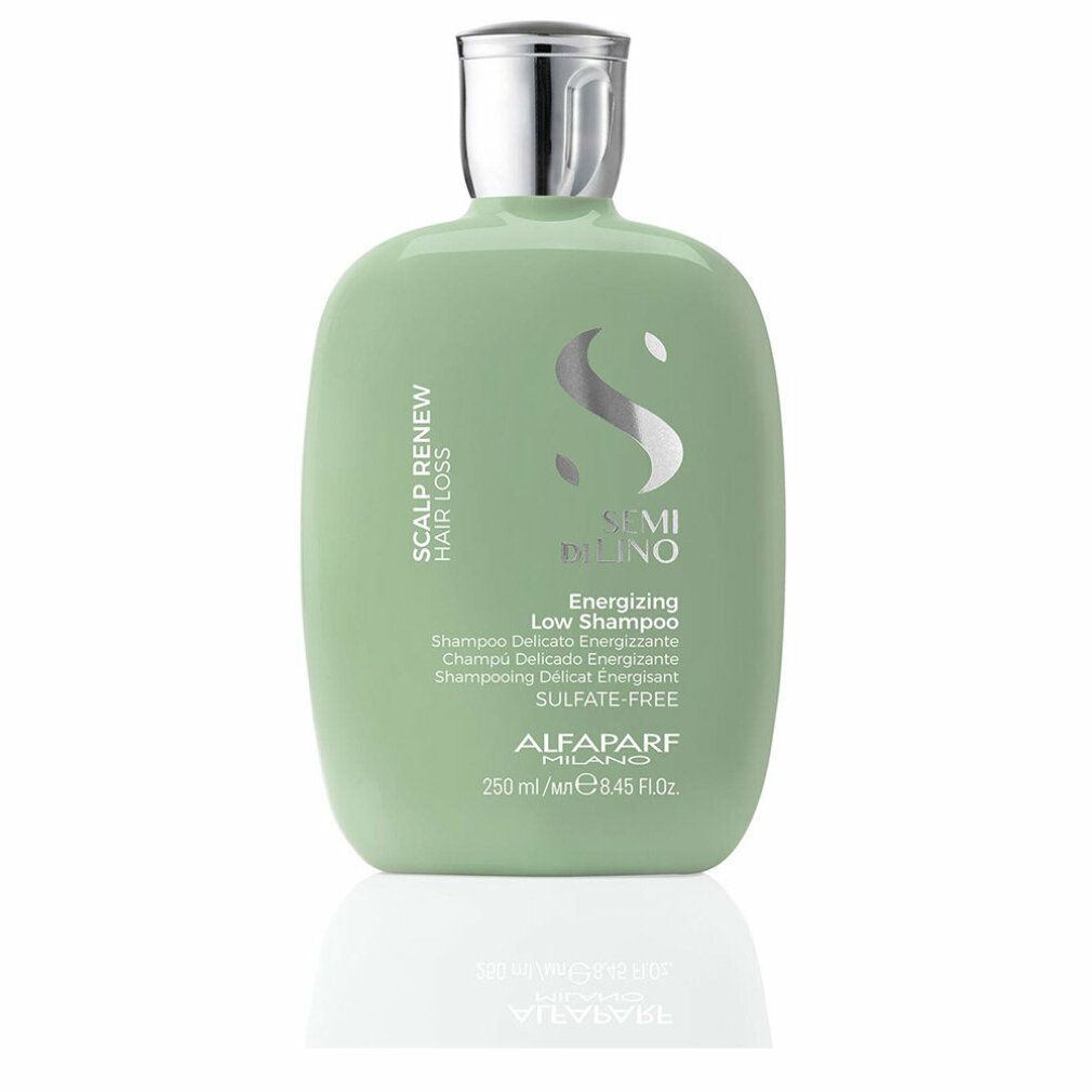 Grüne Flasche mit silbernem Deckel. Aufschrift: Scalp Renew Hair Loss, Semi Di Lino, Energizing Low Shampoo, Alfaparf Milano.