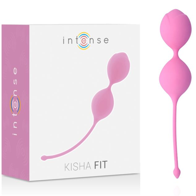 Rosa Kegel neben Produktverpackung. Text: Kisha Fit, Intense. Verpackung weiß.