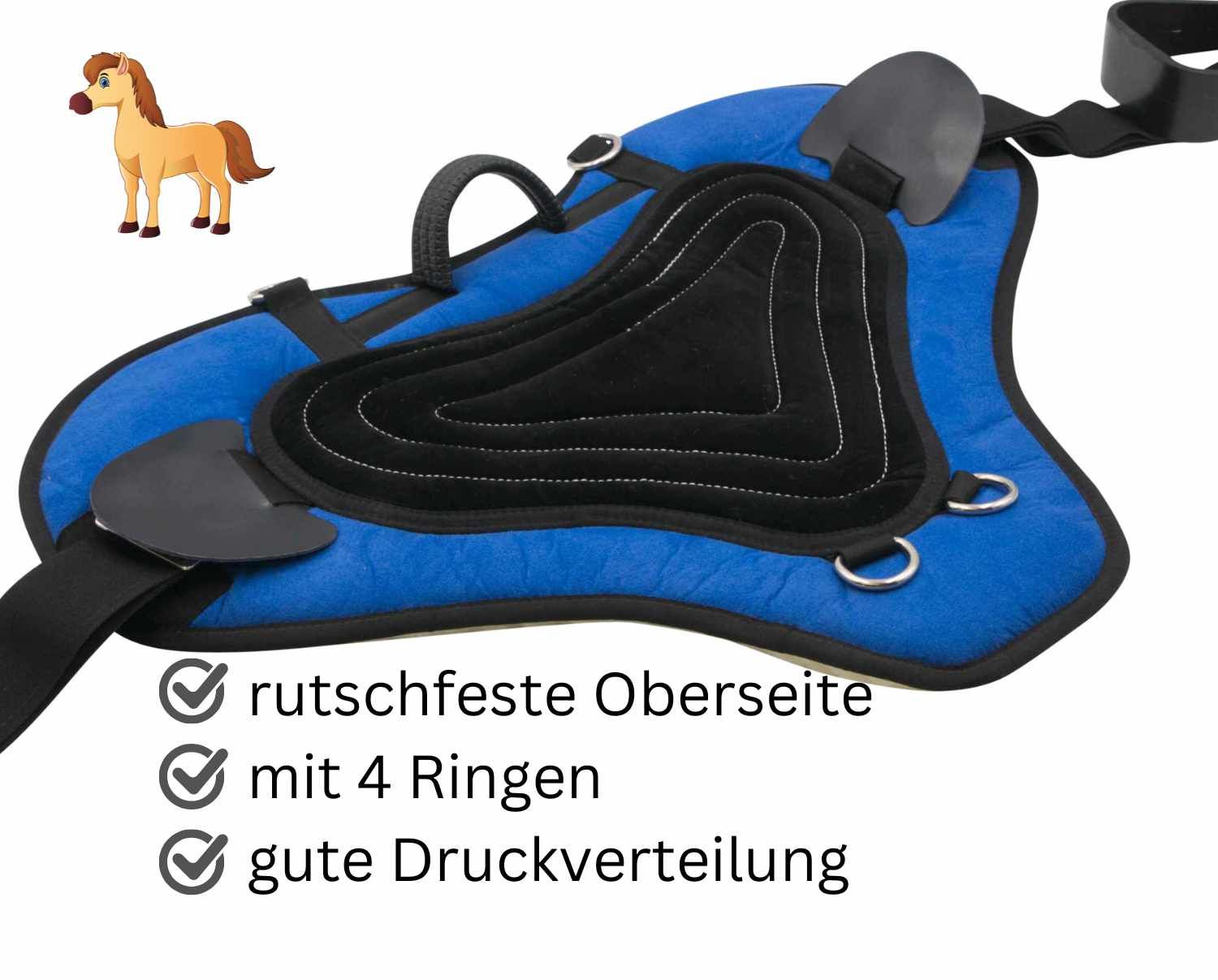 Blauer Sattel mit schwarzem Sitzbereich. Text: rutschfeste Oberseite, mit 4 Ringen, gute Druckverteilung.