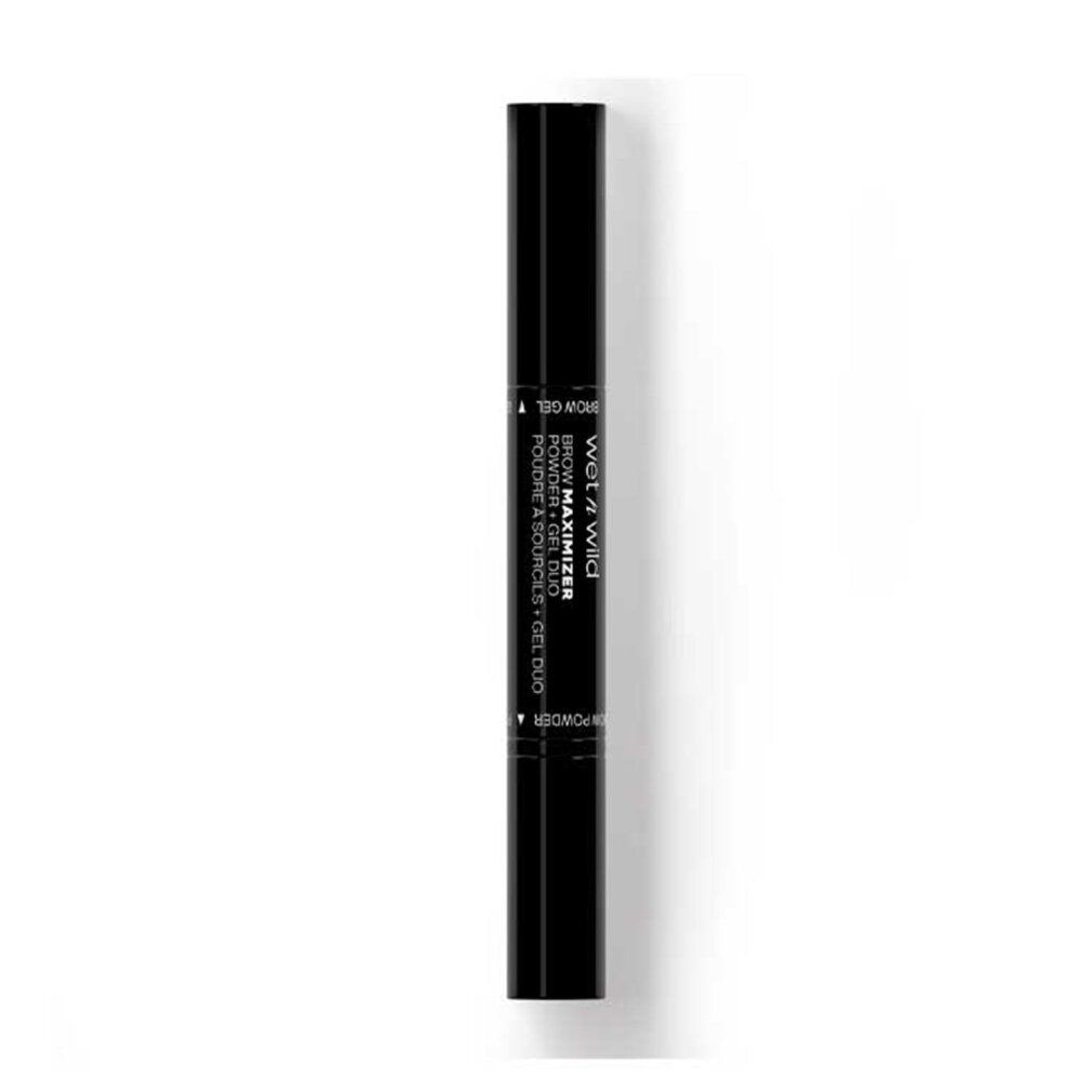 Schwarzer Stift mit Produktbezeichnung. Text: WET N WILD BROW MAXIMIZER POWDER & SOURCILS GEL DUO.