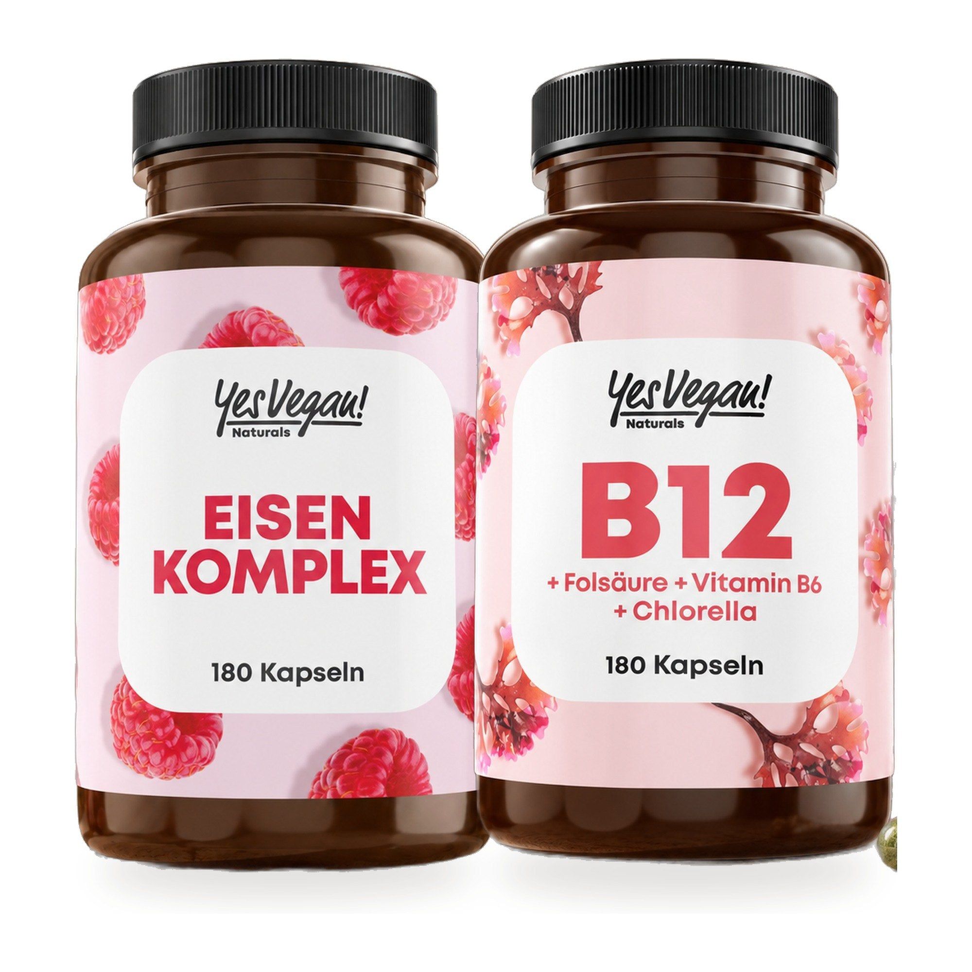 Zwei Flaschen Nahrungsergänzungsmittel: Eisen Komplex (180 Kapseln) und B12 (180 Kapseln).