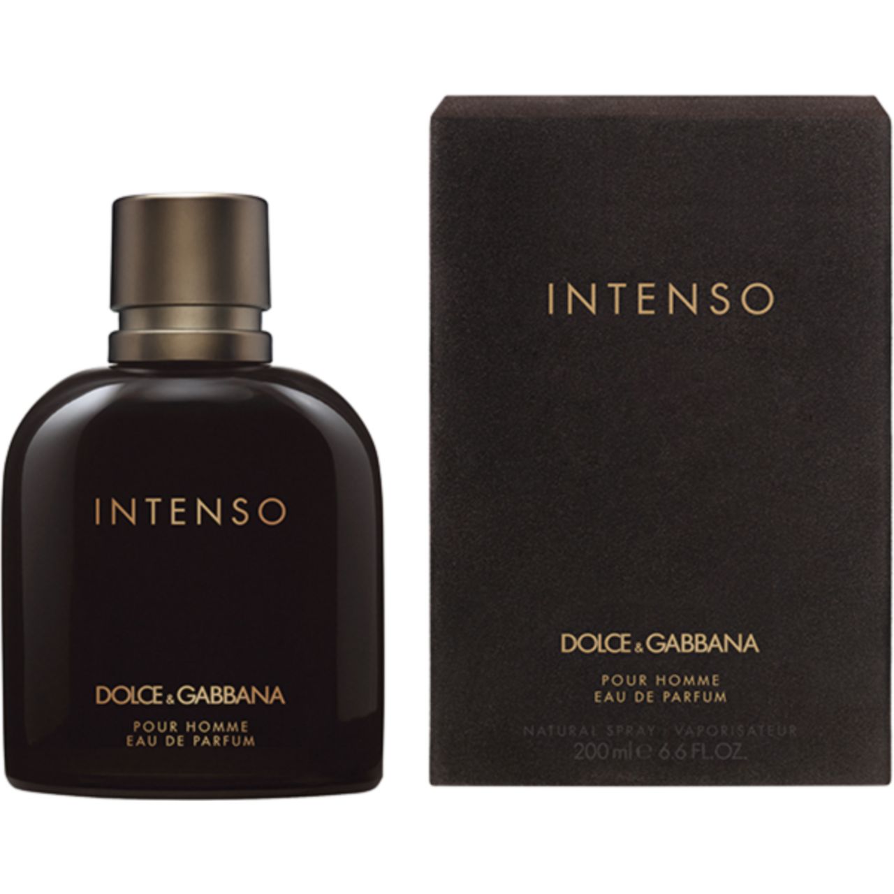 Dunkelbraune Flasche und Verpackung. Aufschrift INTENSO, DOLCE & GABBANA, Pour Homme. EdP Nat. Spray. 200 ml.