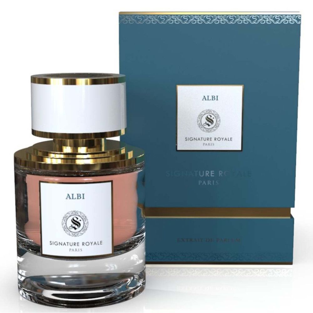 Parfümflakon mit Verpackung. Flakon mit weißem Deckel, goldfarbenen Akzenten und Etikett "ALBI".