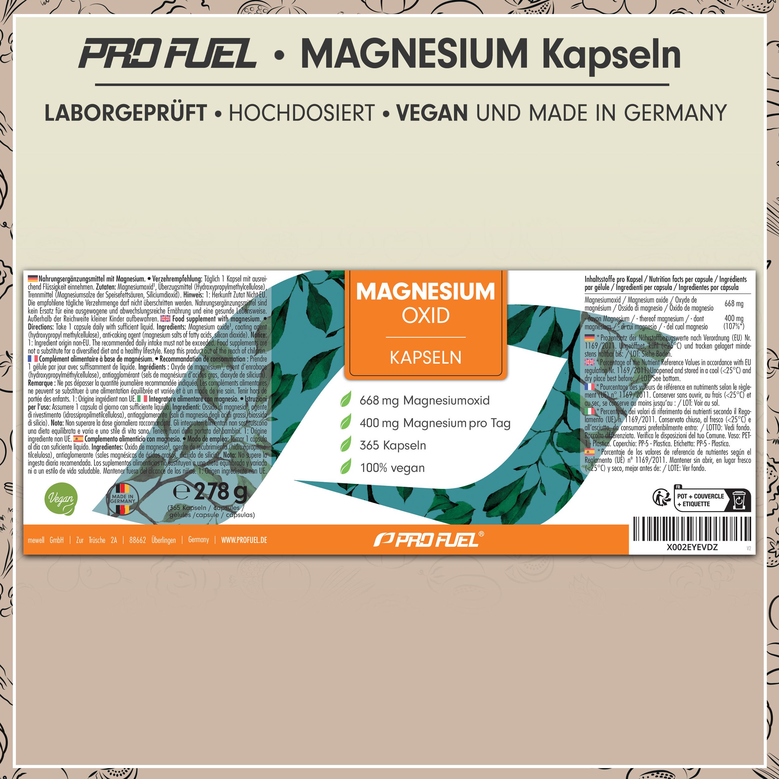 Verpackung von Magnesium Oxid Kapseln. Enthält 668 mg Magnesiumoxid, 365 Kapseln, 100% vegan. Text: Laborgeprüft, hochdosiert, vegan.