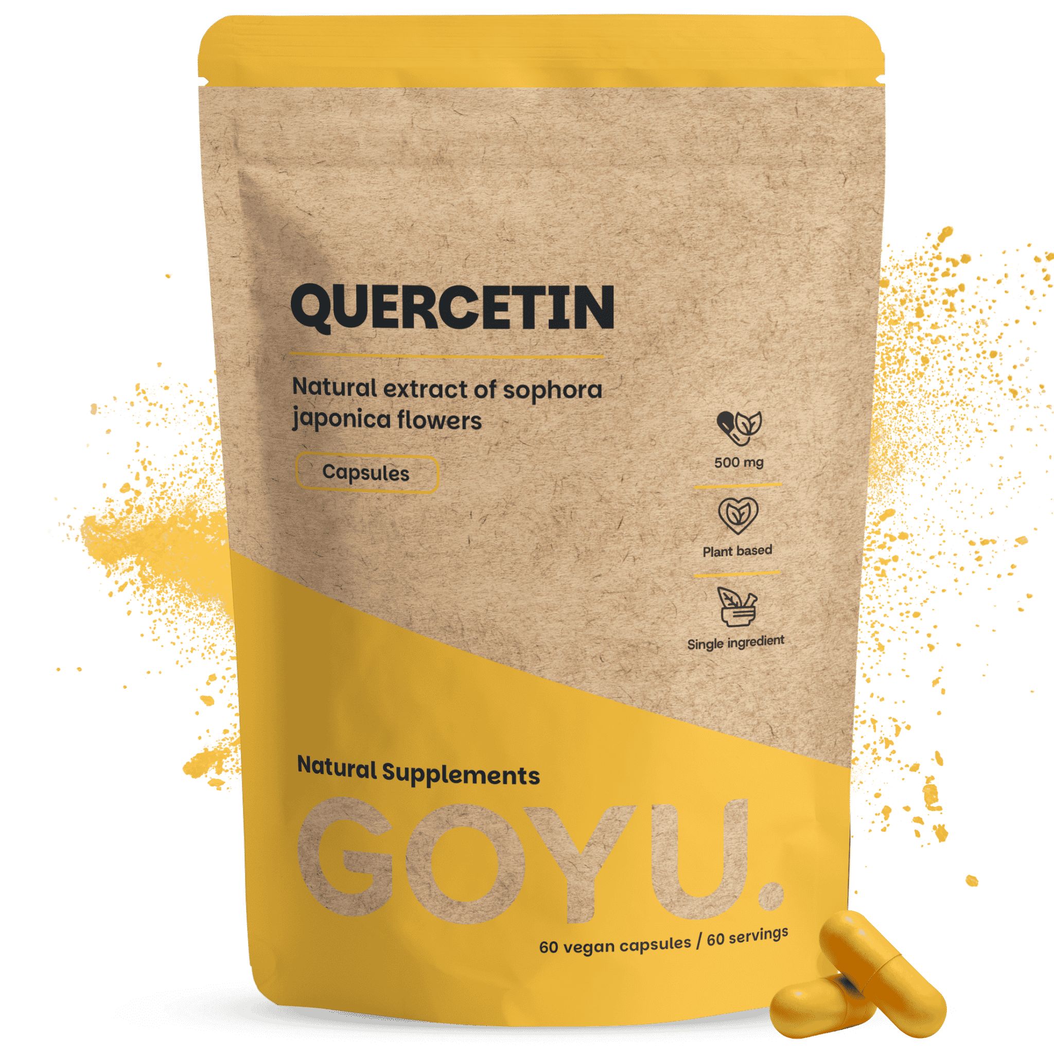 Braune Standbodenbeutel-Verpackung mit Quercetin-Kapseln, 500 mg. Gelber diagonaler Streifen.