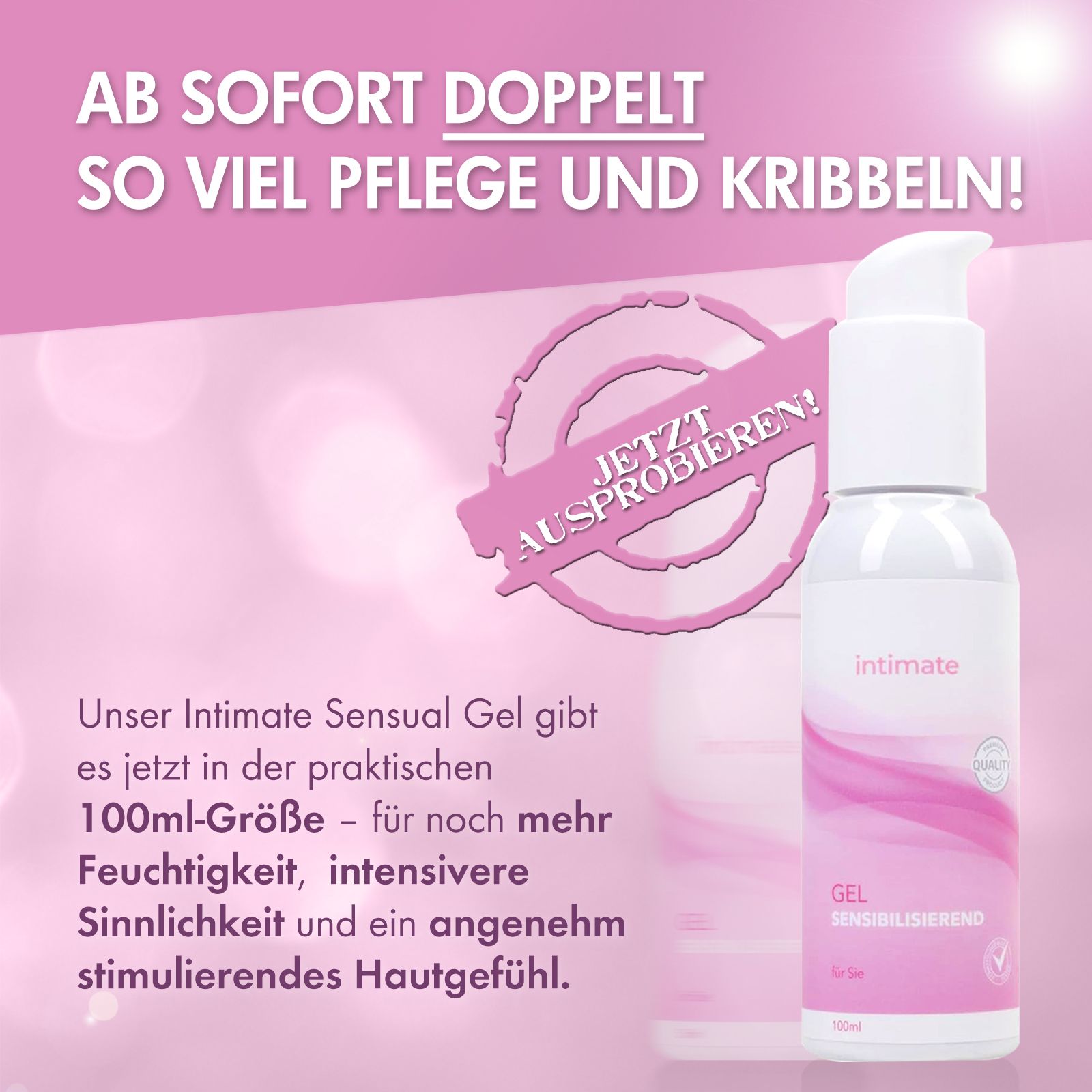 INTIMATE sensibilisierendes Gel, 100ml Größe, mit Text über Feuchtigkeit und Stimulation.