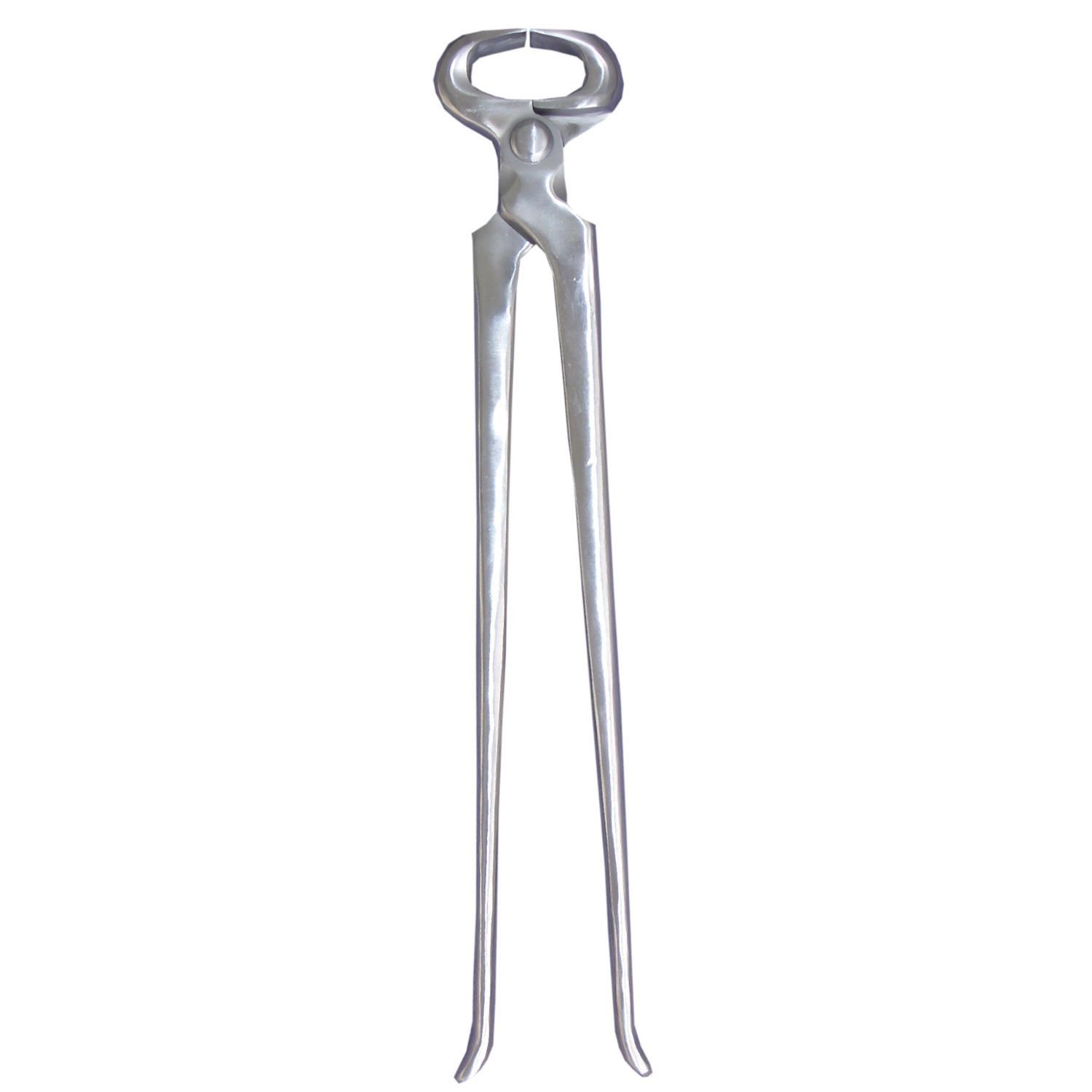 Hufschneidezange aus Metall, silberfarben. Lange Griffe, gebogene Schneide. Für die Hufpflege.