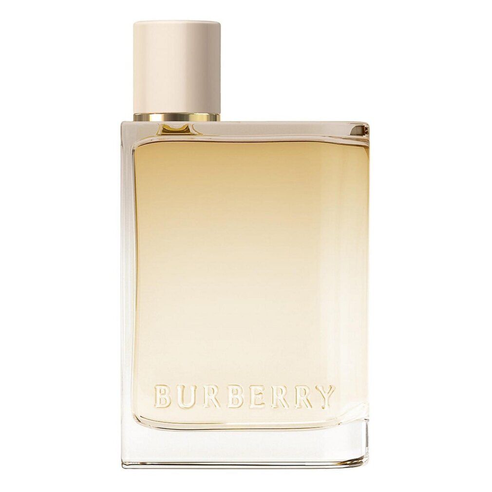 Burberry Her London Dream Flakon. Quadratisch, transparent, goldfarbene Flüssigkeit. Weißer Verschluss.