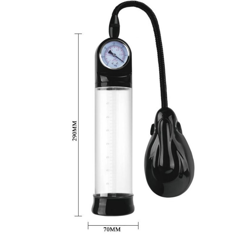 Transparente Penispumpe mit Manometer, schwarzem Zylinder und Pumpe. Abmessungen: 290mm x 70mm.