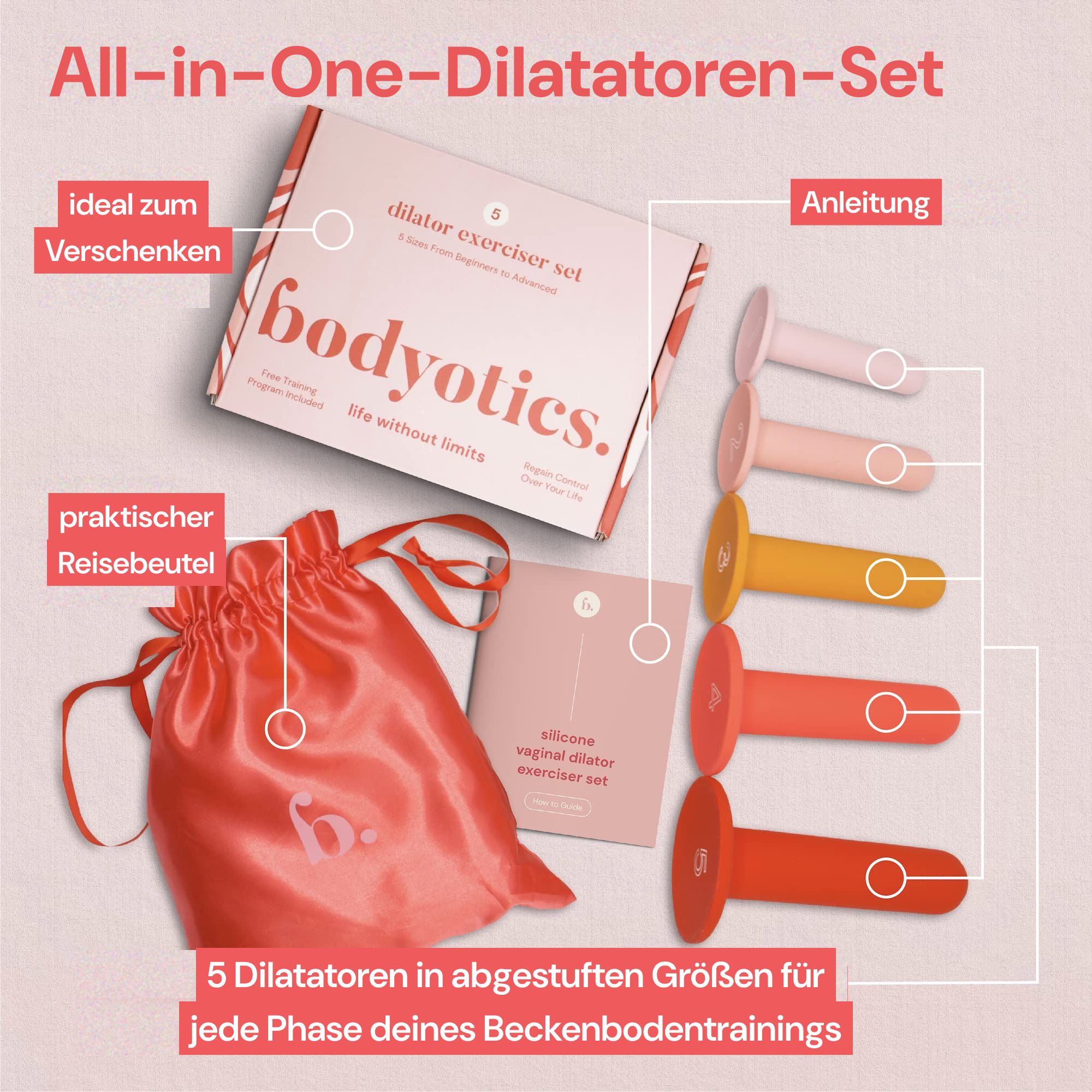 Bodyotics All-in-One Dilatatoren-Set mit 5 Silikon-Dilatatoren, Anleitung und Reisebeutel.