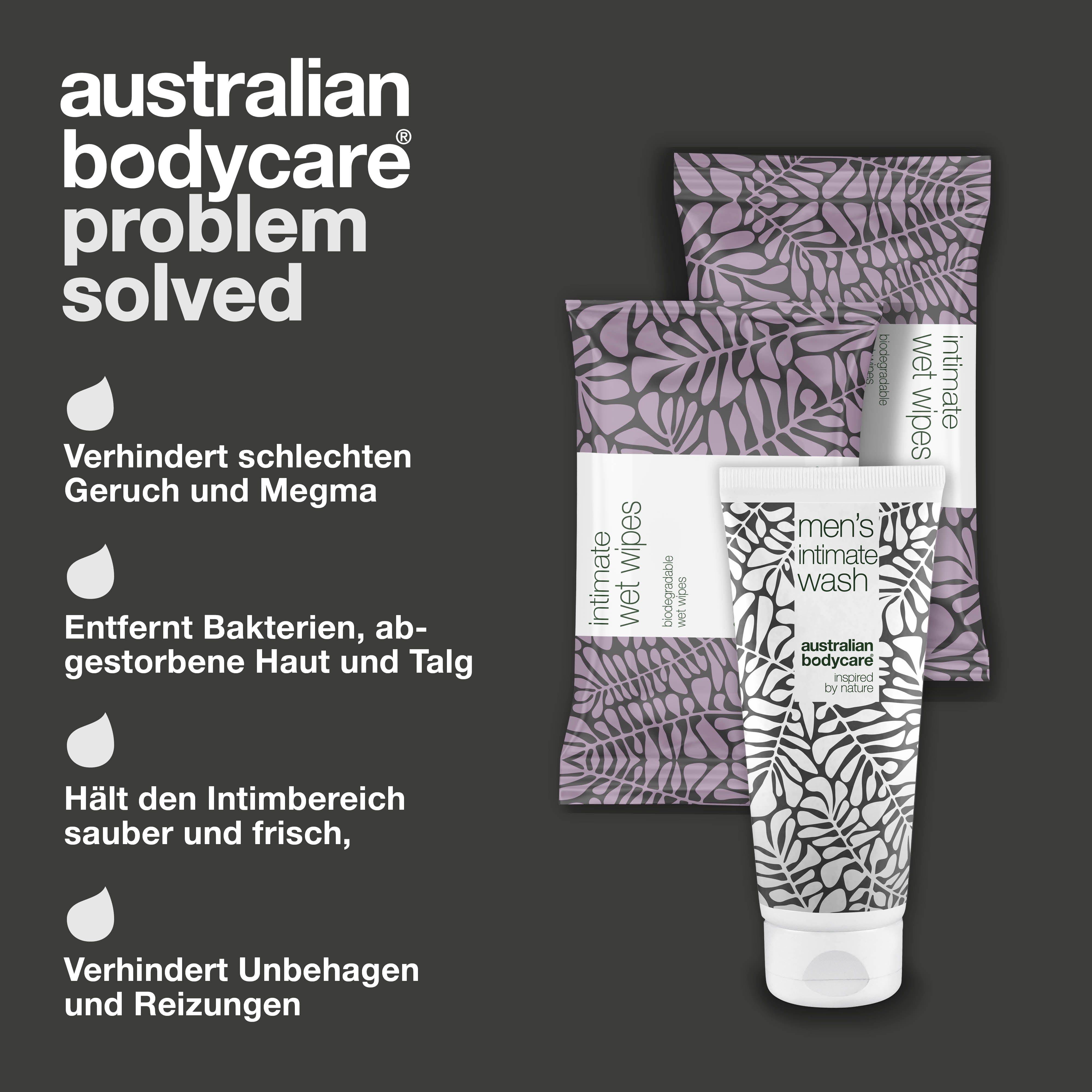 Produkt: Intimwaschgel und Feuchttücher. Marke: Australian Bodycare. Text: Problem gelöst.