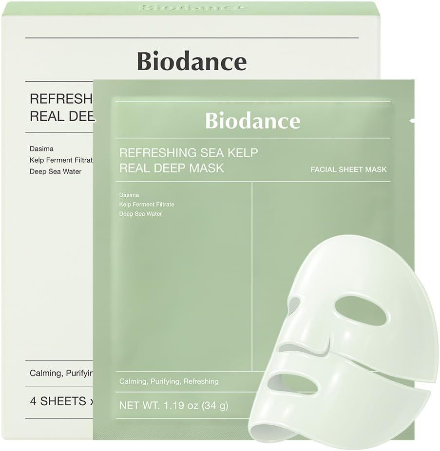 Biodance Refreshing Sea Kelp Real Deep Mask, Einzelmaske und Verpackung.
