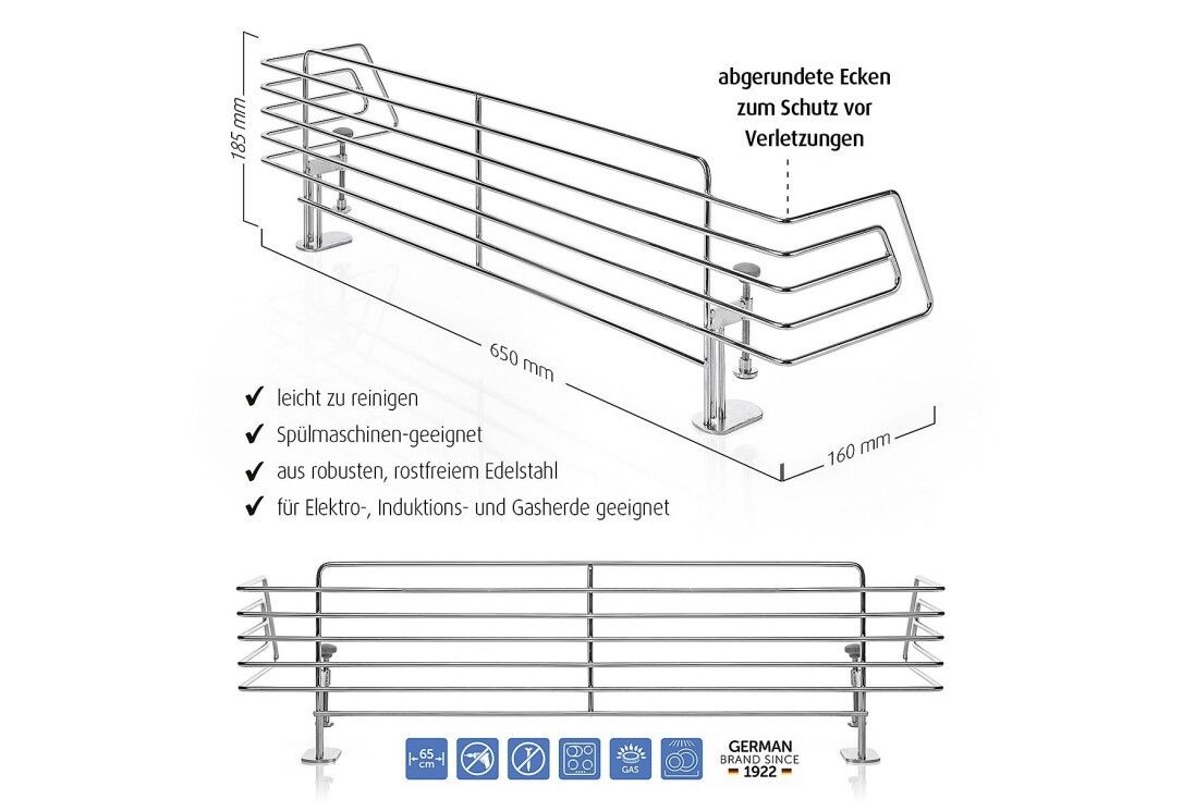 Produkt mit Maßen: 650 mm lang, 185 mm hoch, 160 mm breit. Text: leicht zu reinigen, spülmaschinengeeignet, Edelstahl, für Elektro-, Induktions- und Gasherde.