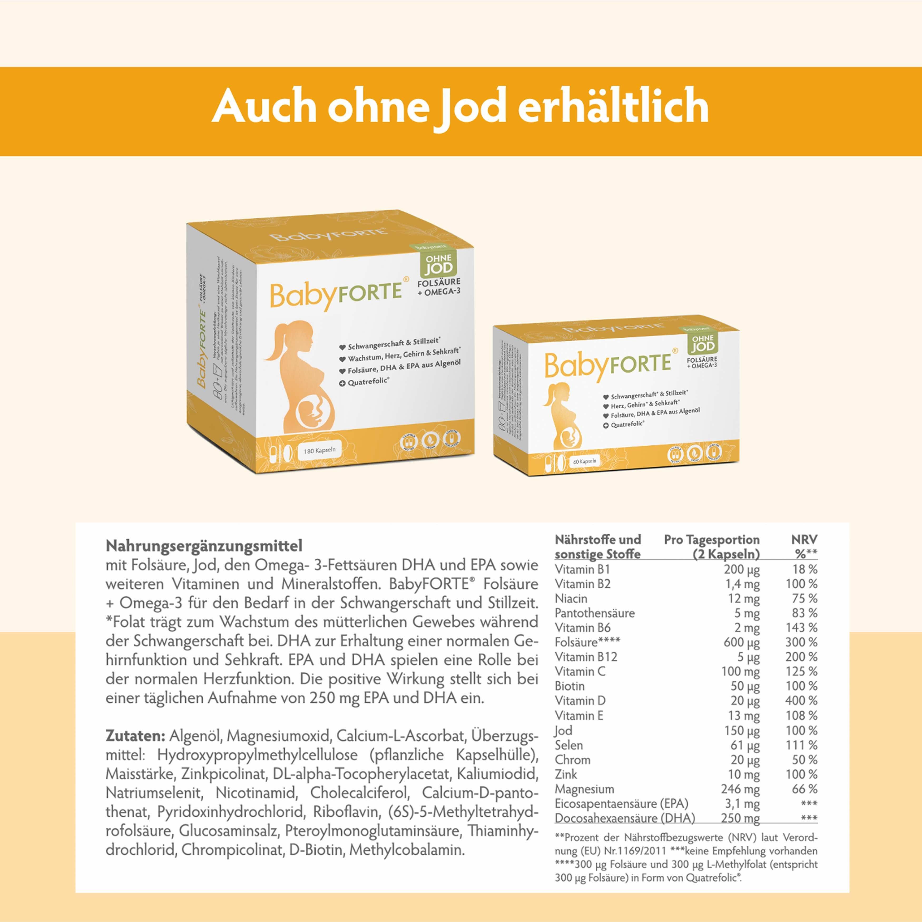 Zwei BabyFORTE Packungen. Text: Auch ohne Jod erhältlich. Nährwerttabelle. Zutatenliste. Schwangere Frau.