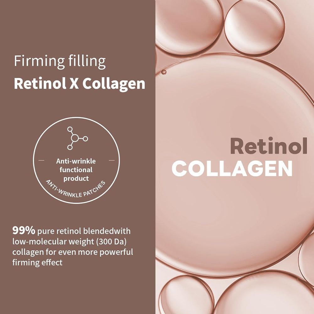 Text mit "Retinol Collagen" und "Anti-Wrinkle Patches". Abbildung von Flüssigkeitstropfen. Text: 99% reines Retinol.