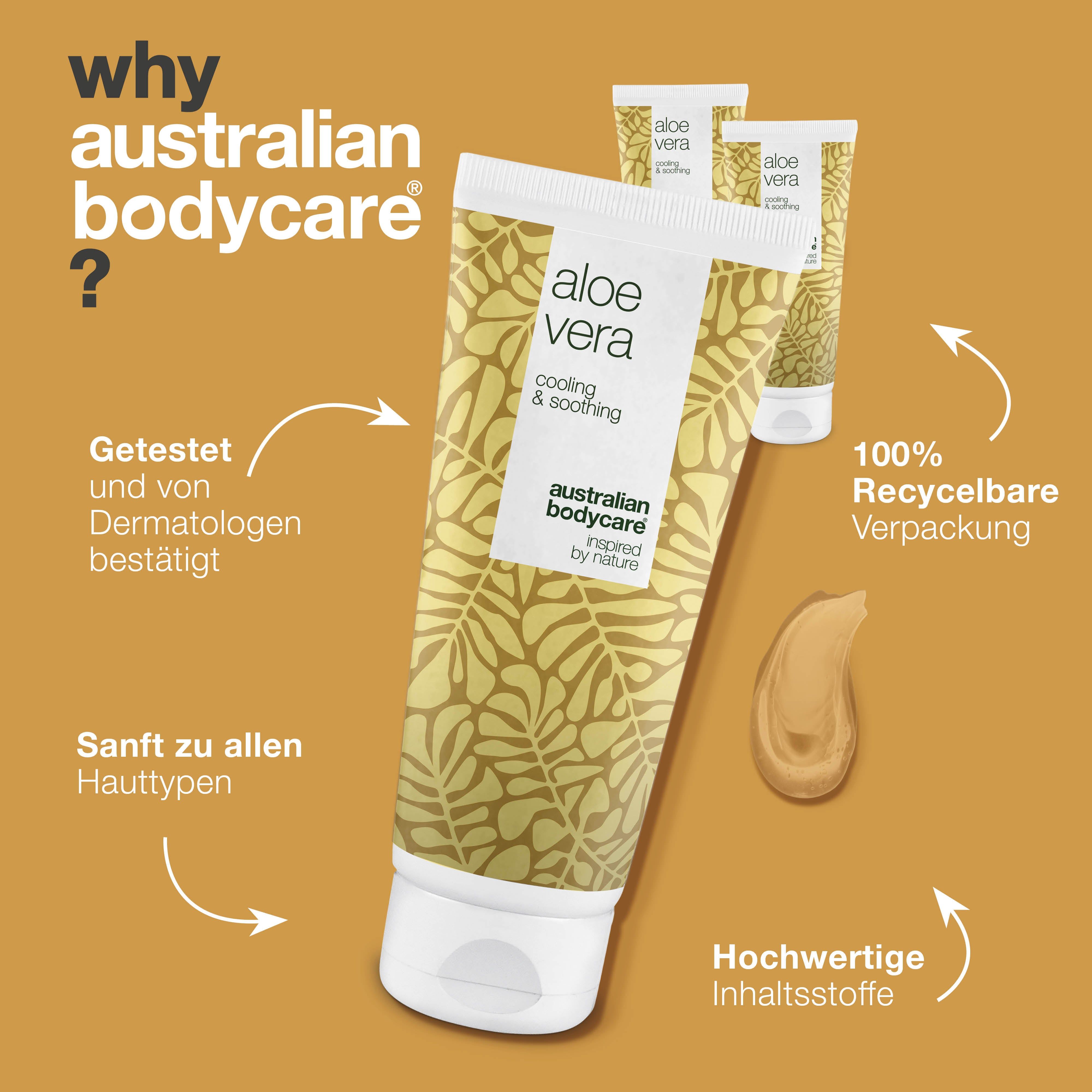 Drei Tuben Aloe Vera Gel. Marke: Australian Bodycare. Zitat und Sternebewertung.