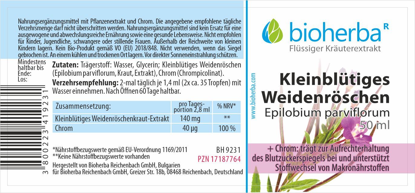Etikett mit Produktinformationen. Enthält Text zu Inhaltsstoffen, Dosierung und Hersteller. Bioherba-Logo und Produktname sind sichtbar.
