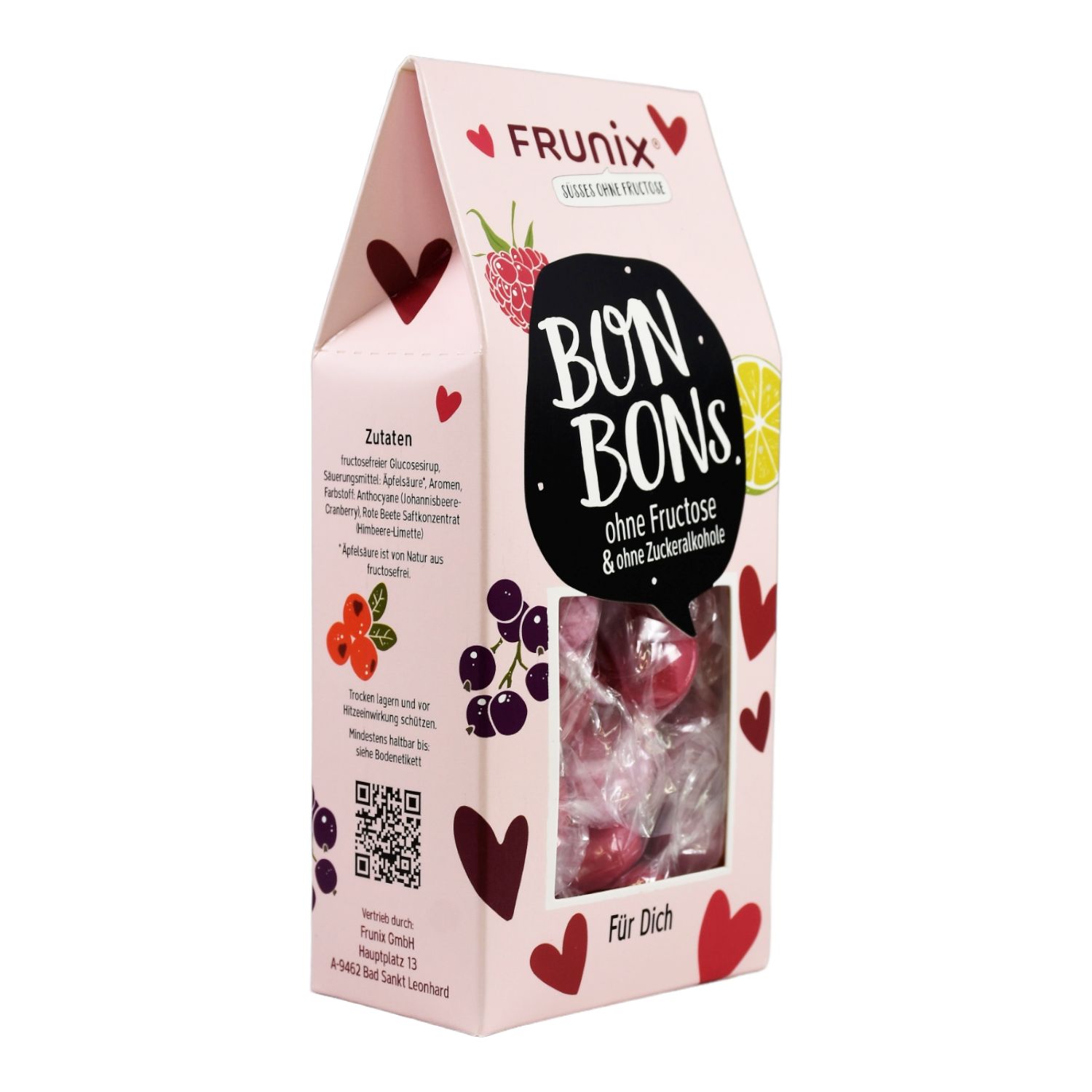 Bonbons-Verpackung mit Sichtfenster. Aufschrift: BON BONS ohne Fructose & ohne Zuckeralkohole. Abbildung von Früchten und Herzen.