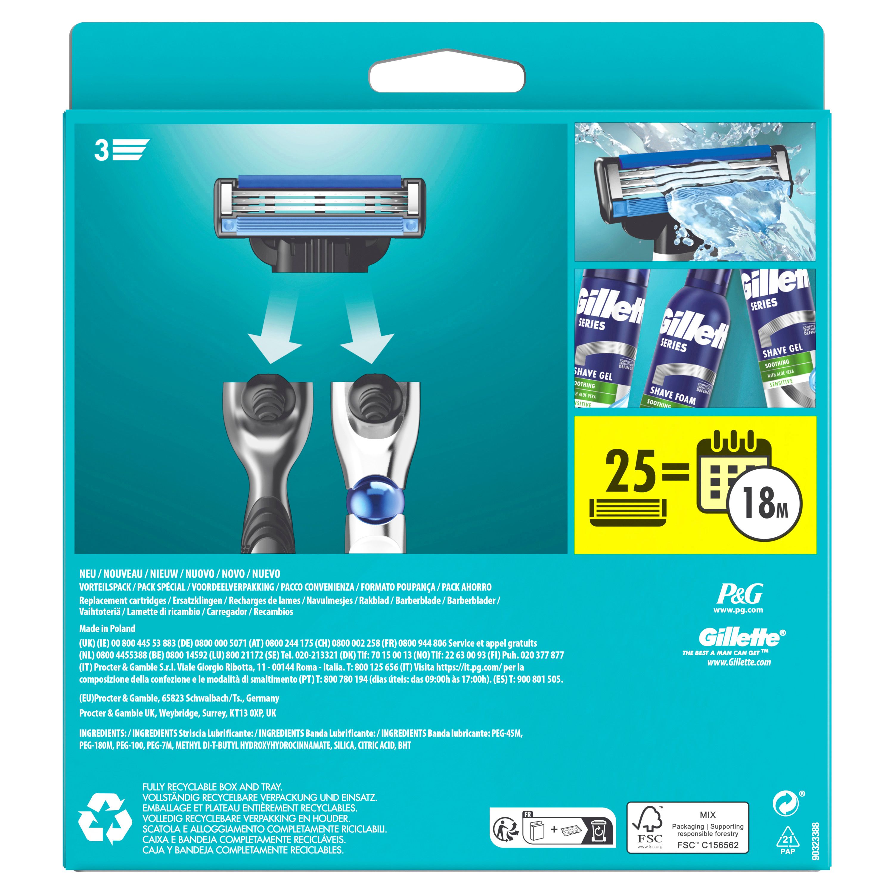 Rückseite der Gillette Mach3 Verpackung. Enthält Informationen zu Inhaltsstoffen und Recycling.