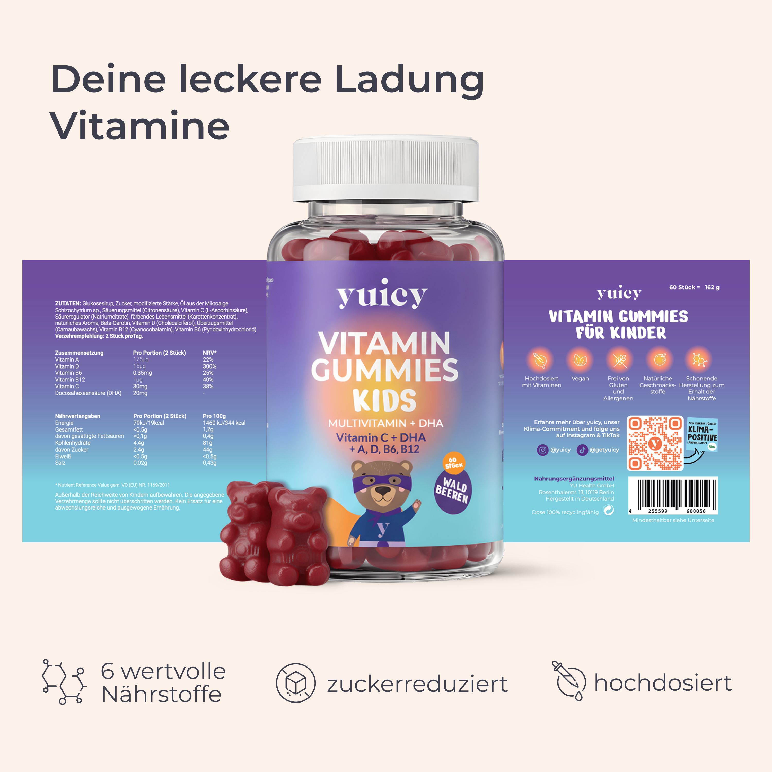 yuicy® Vitamin Gummies Kids Flasche mit Gummibärchen. Aufschrift: Vitamin Gummies Kids. Zusatzinformationen und Nährwertangaben.