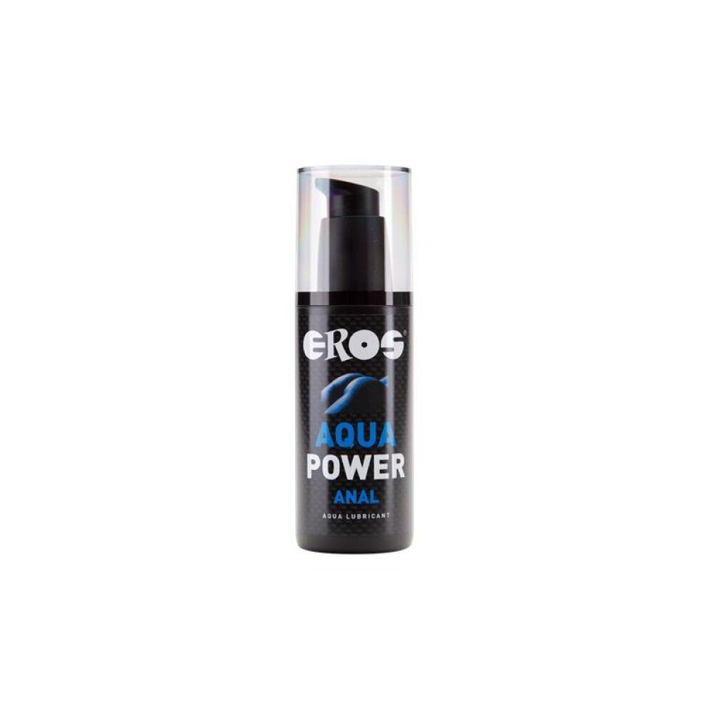 Schwarze Flasche mit Pumpe. Aufschrift: EROS, AQUA POWER, ANAL. Aqua Lubricant.