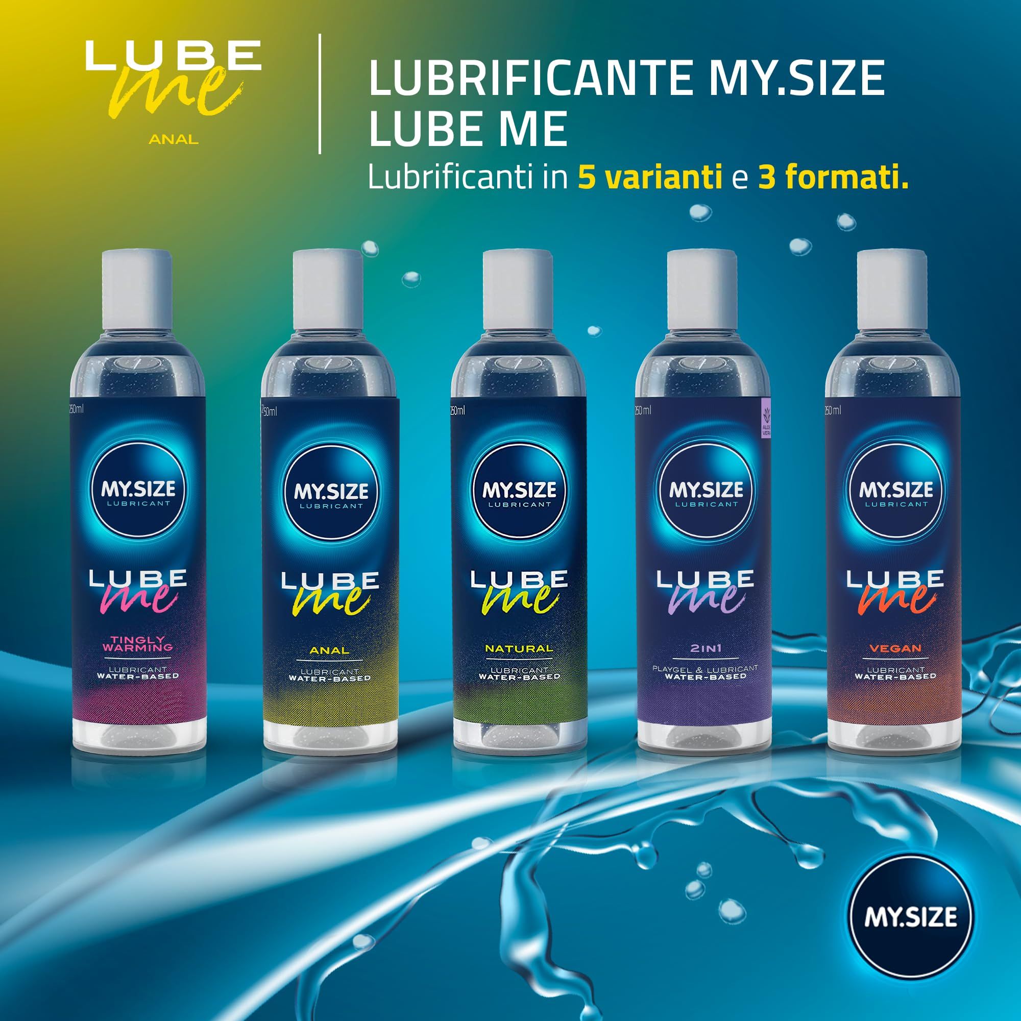 Fünf MY.SIZE LUBE ME Anal Gleitmittel-Flaschen in verschiedenen Varianten und Größen.