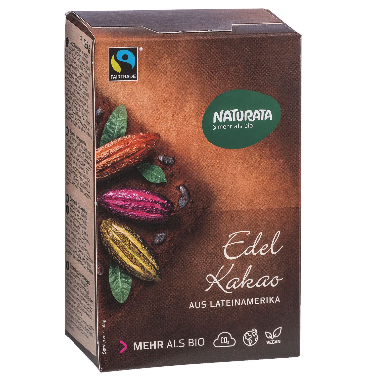 Kartonverpackung von Naturata Bio Edelkakao. Mit Fairtrade-Siegel, Kakaobohnen-Illustrationen und Schriftzug "Edel Kakao aus Lateinamerika".