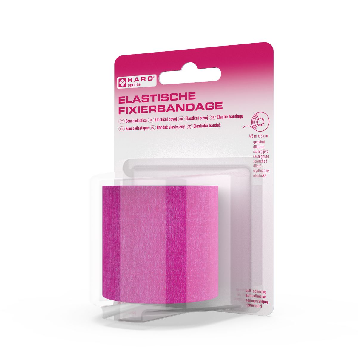 Elastische Fixierbandage in Verpackung. Rosa Bandage, HARO Sports Logo. 4,5 m x 5 cm.