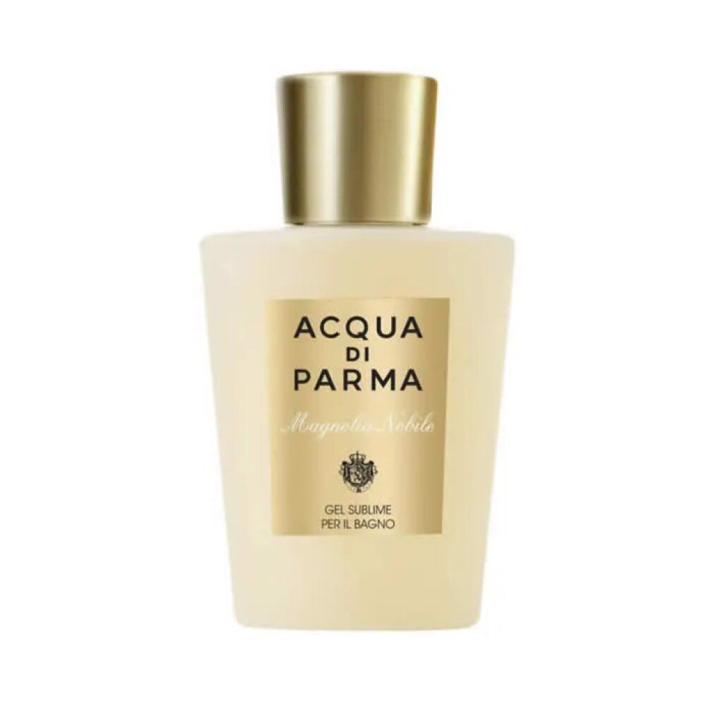 Beige Flasche mit goldfarbenem Verschluss. Aufkleber mit Text: Acqua di Parma, Magnolia Nobile. Gel Sublime Per Il Bagno.