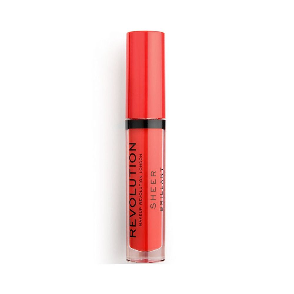 Geschlossener transparenter Lipgloss. Roter Behälter mit schwarzem Ring. Marke: Makeup Revolution. Aufschrift: Sheer, Brillant.