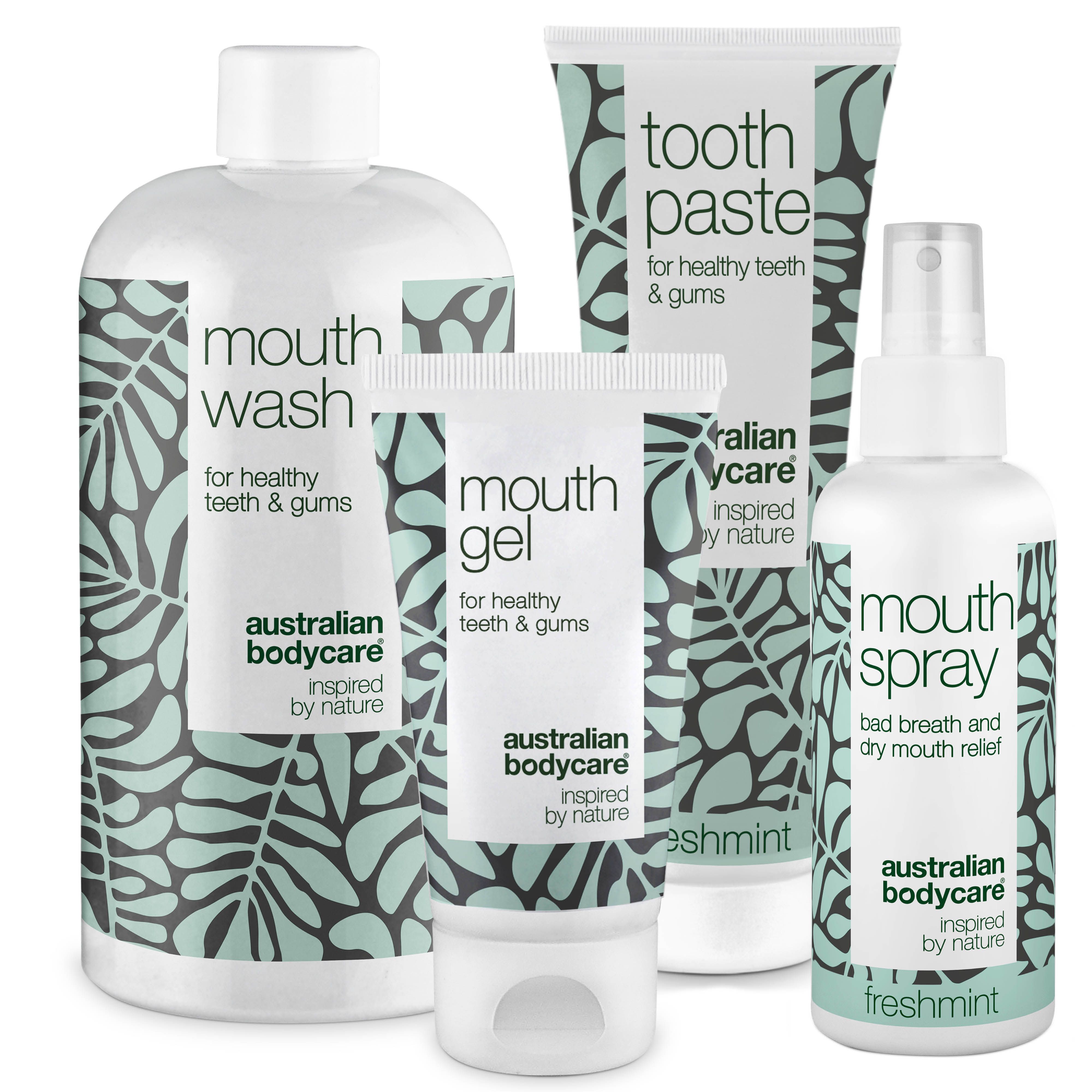Set mit Mundwasser, Zahnpasta, Mundgel und Mundspray. Weiße Verpackung mit blauem Muster und Text.