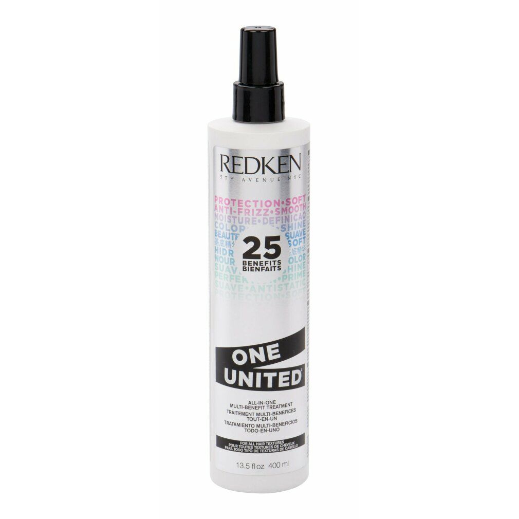Zylindrische Flasche mit Sprühkopf. Aufschrift: Redken, One United, 25 Benefits. Silberne und schwarze Etiketten.